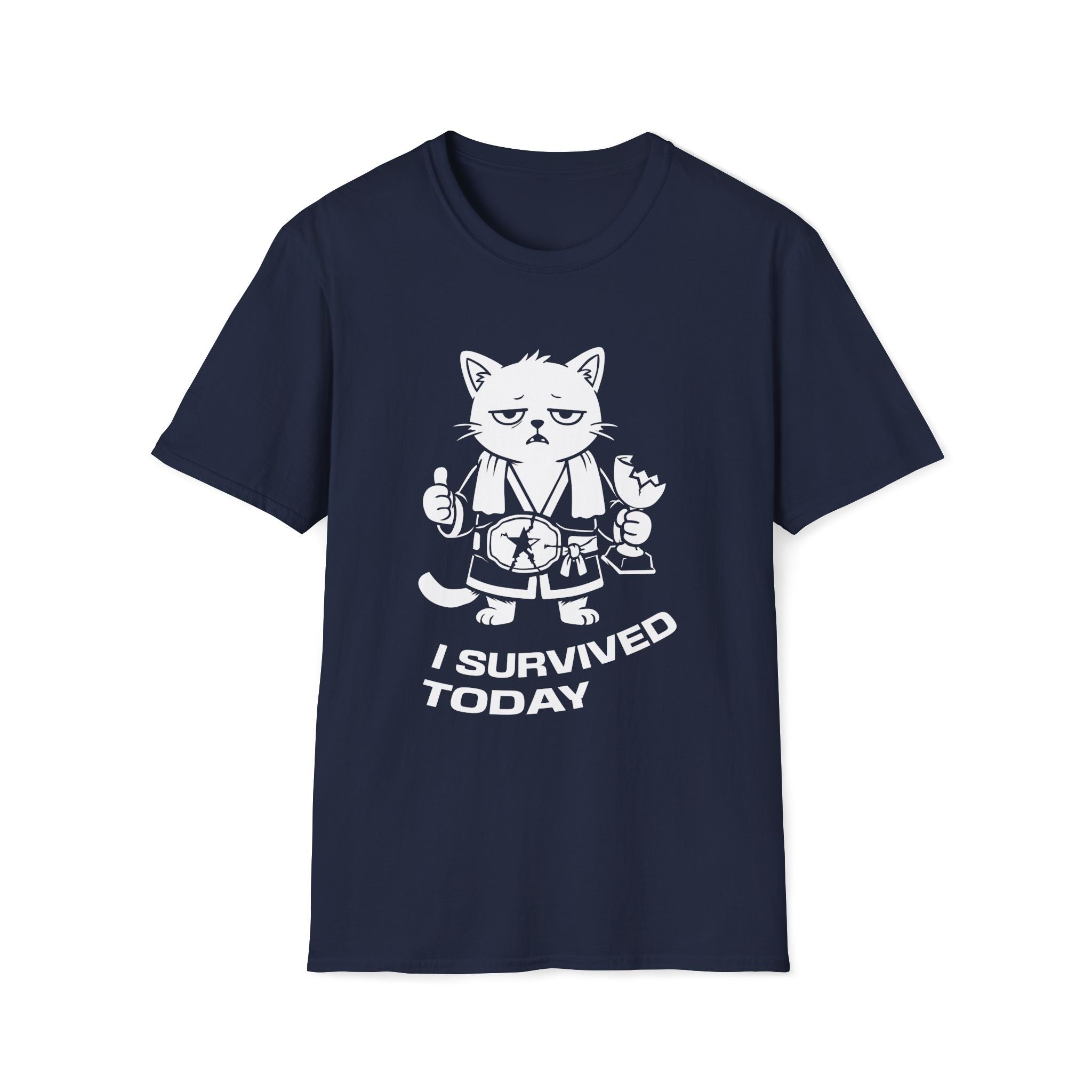 T-Shirt — 'I SURVIVED TODAY' Tired Cat Graphic Tee (Tired jokes)