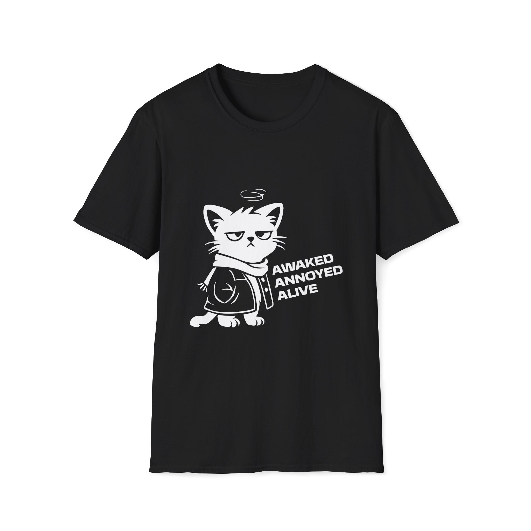 T-Shirt — 'AWAKED ANNOYED ALIVE' Tired Cat Graphic Tee (Tired jokes)