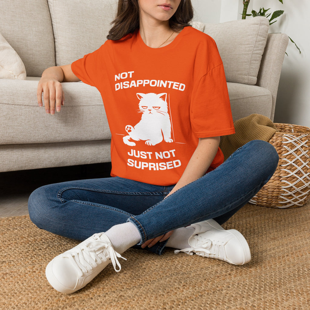 T-Shirt — 'Not Disappointed Just Not Surprised' Tired Cat Graphic Tee (Tired jokes)