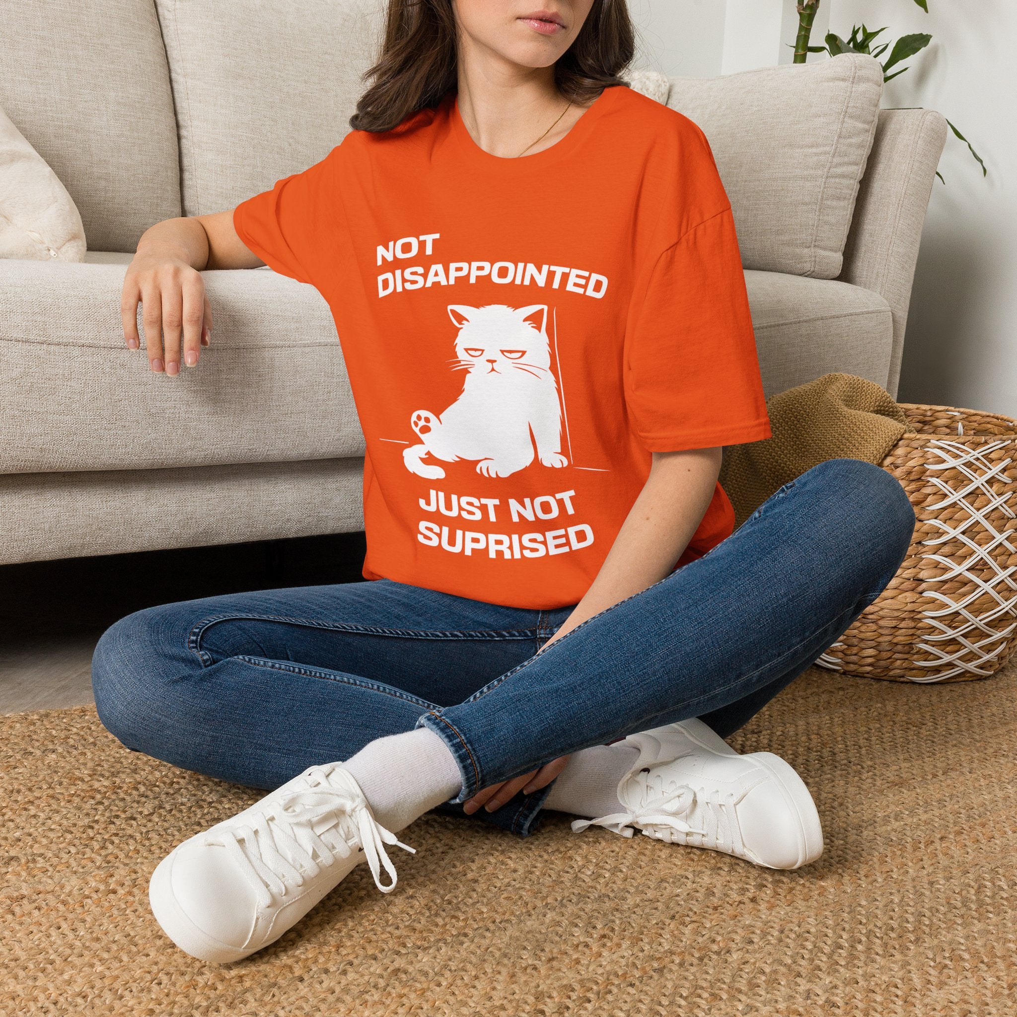 T-Shirt — 'Not Disappointed Just Not Surprised' Tired Cat Graphic Tee (Tired jokes)