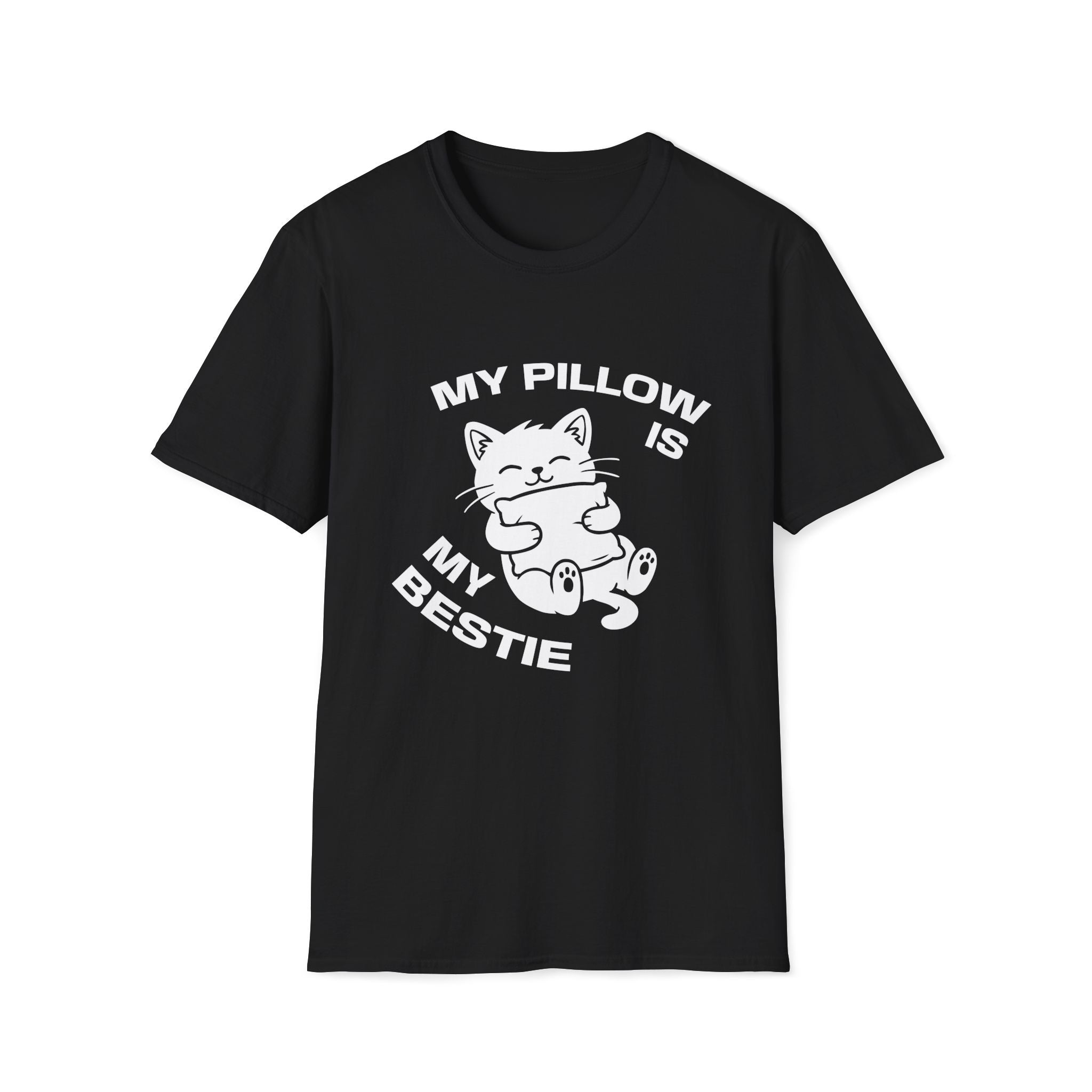 T-Shirt — 'My Pillow Is My Bestie' Tired Cat Graphic Tee (Tired jokes)