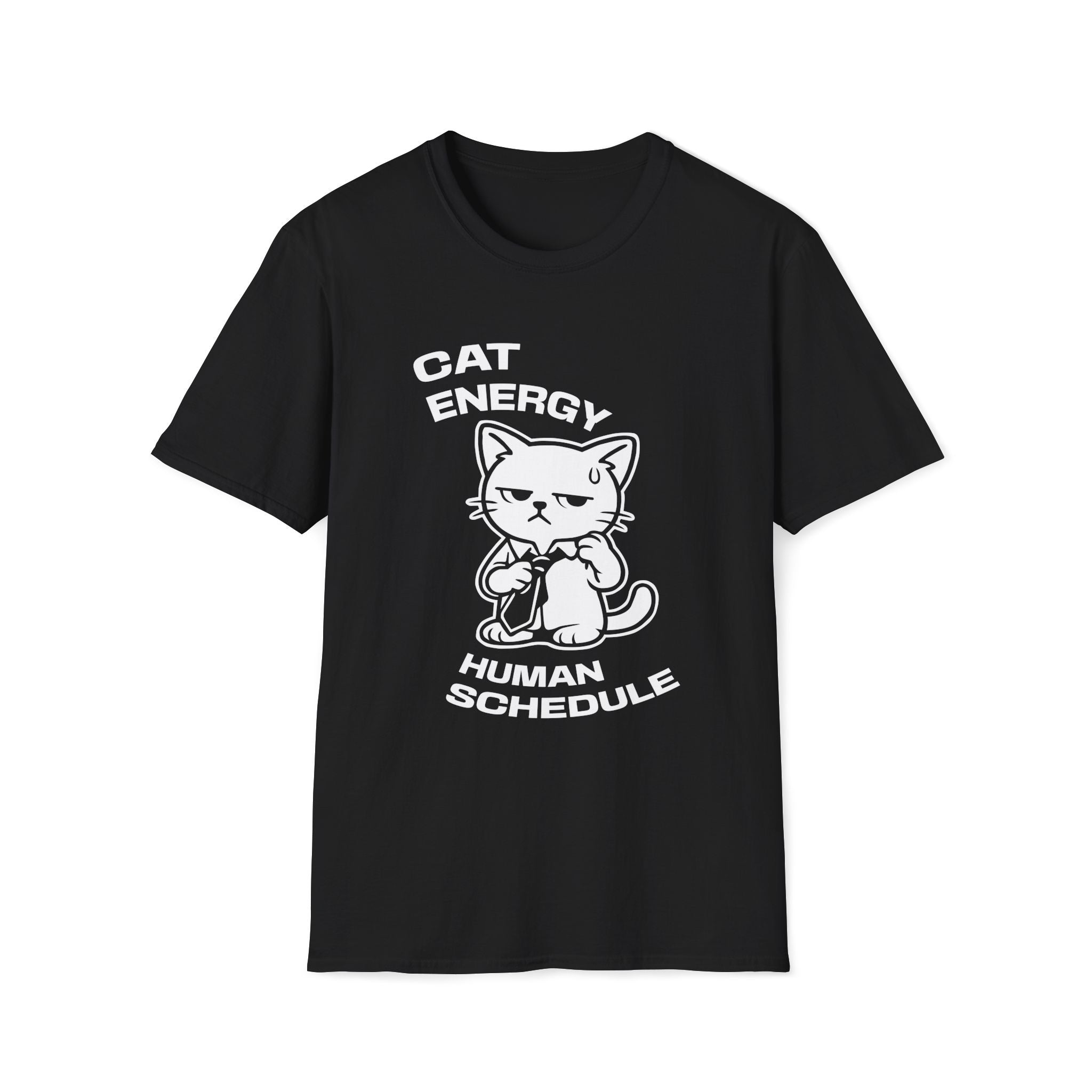 T-Shirt — 'CAT ENERGY HUMAN SCHEDULE' Tired Cat Graphic Tee (Tired jokes)