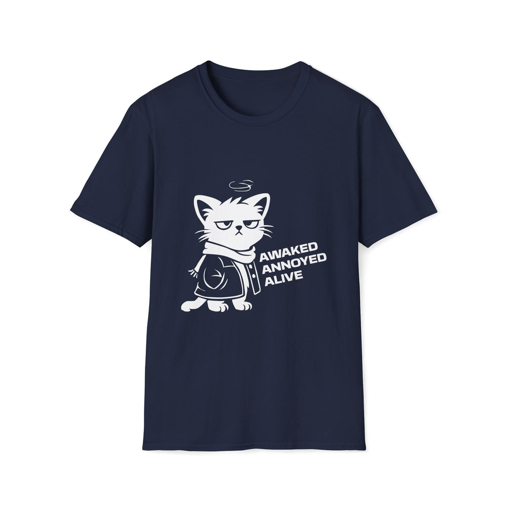T-Shirt — 'AWAKED ANNOYED ALIVE' Tired Cat Graphic Tee (Tired jokes)