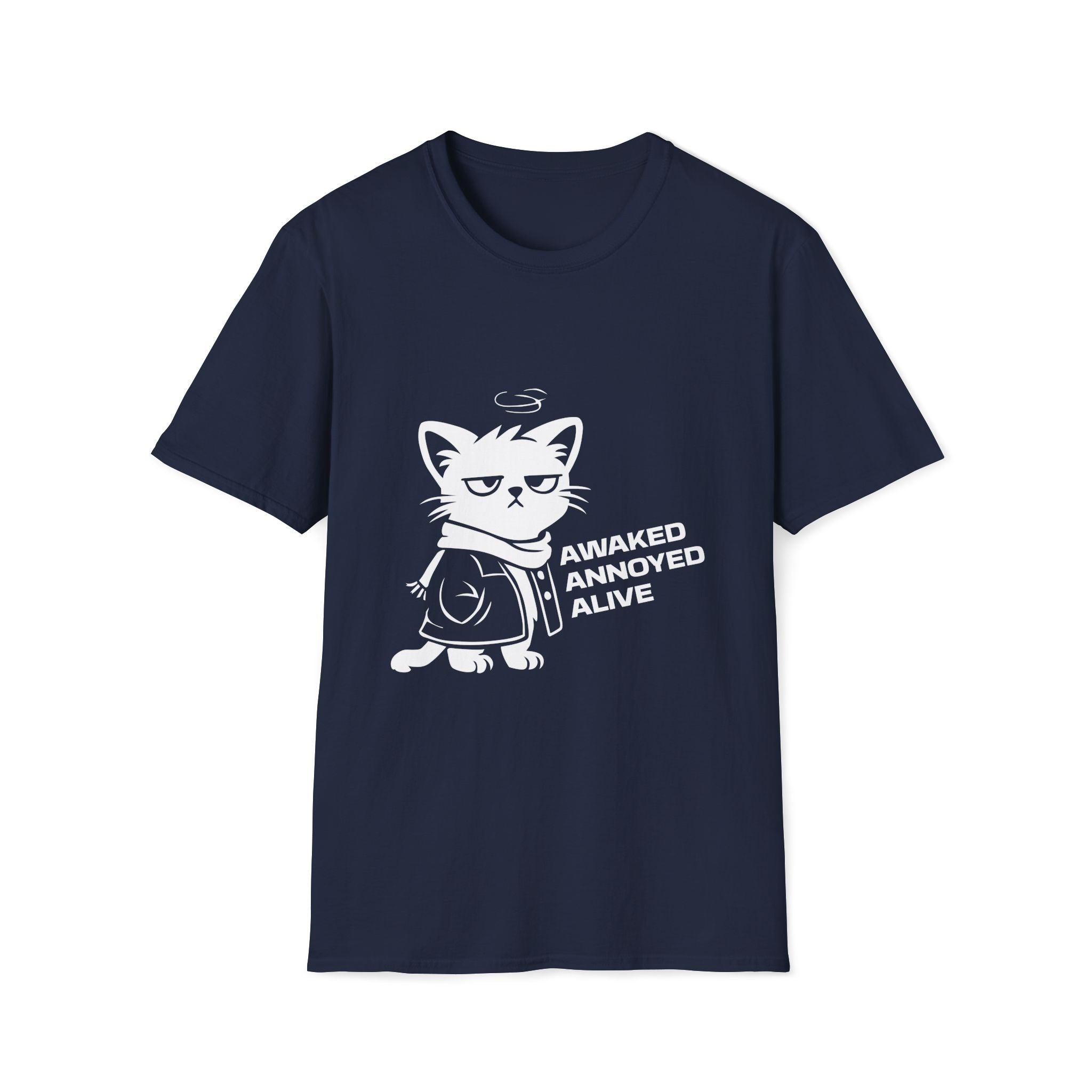 T-Shirt — 'AWAKED ANNOYED ALIVE' Tired Cat Graphic Tee (Tired jokes)