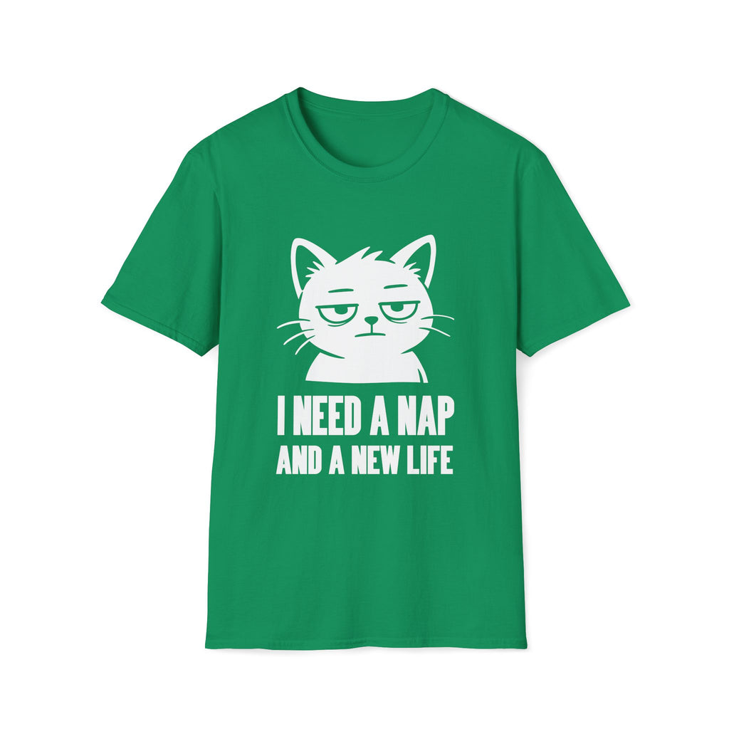 T-Shirt — 'I NEED A NAP AND A NEW LIFE' Tired Cat Graphic Tee (Tired jokes)