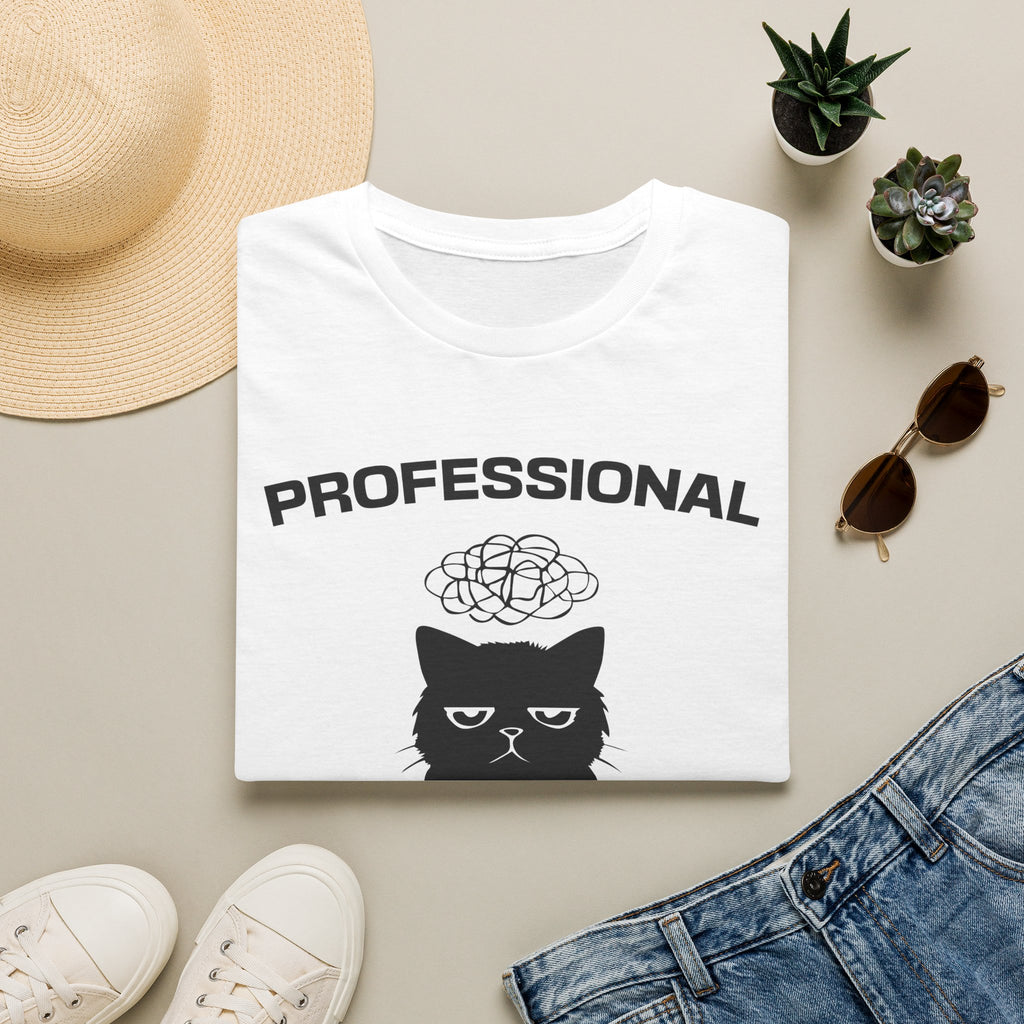 T-Shirt — 'Professional Overthinker' Tired Cat Graphic Tee (Tired jokes)