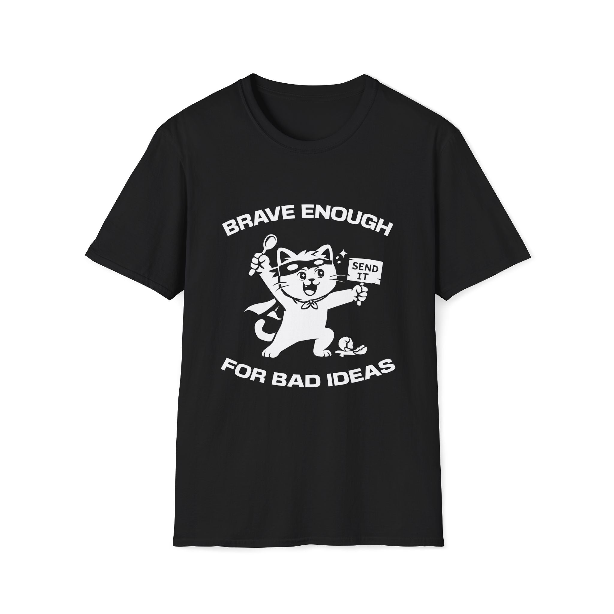 T-Shirt — 'Brave Enough For Bad Ideas' Tired Cat Graphic Tee (Tired jokes)