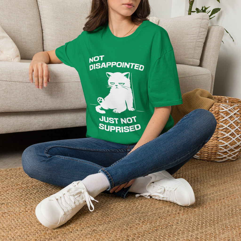 T-Shirt — 'Not Disappointed Just Not Surprised' Tired Cat Graphic Tee (Tired jokes)