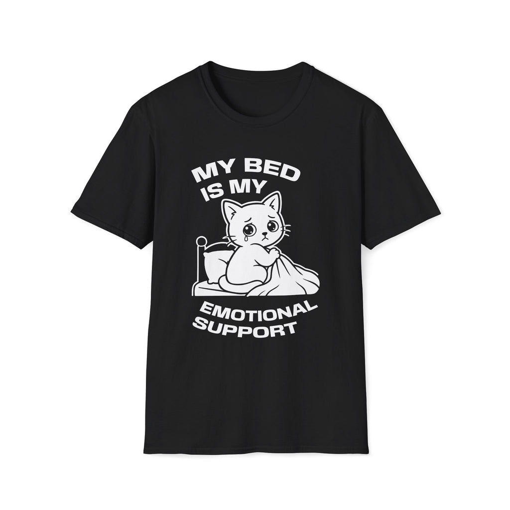 T-Shirt — 'MY BED IS MY EMOTIONAL SUPPORT' Tired Cat Graphic Tee (Tired jokes)