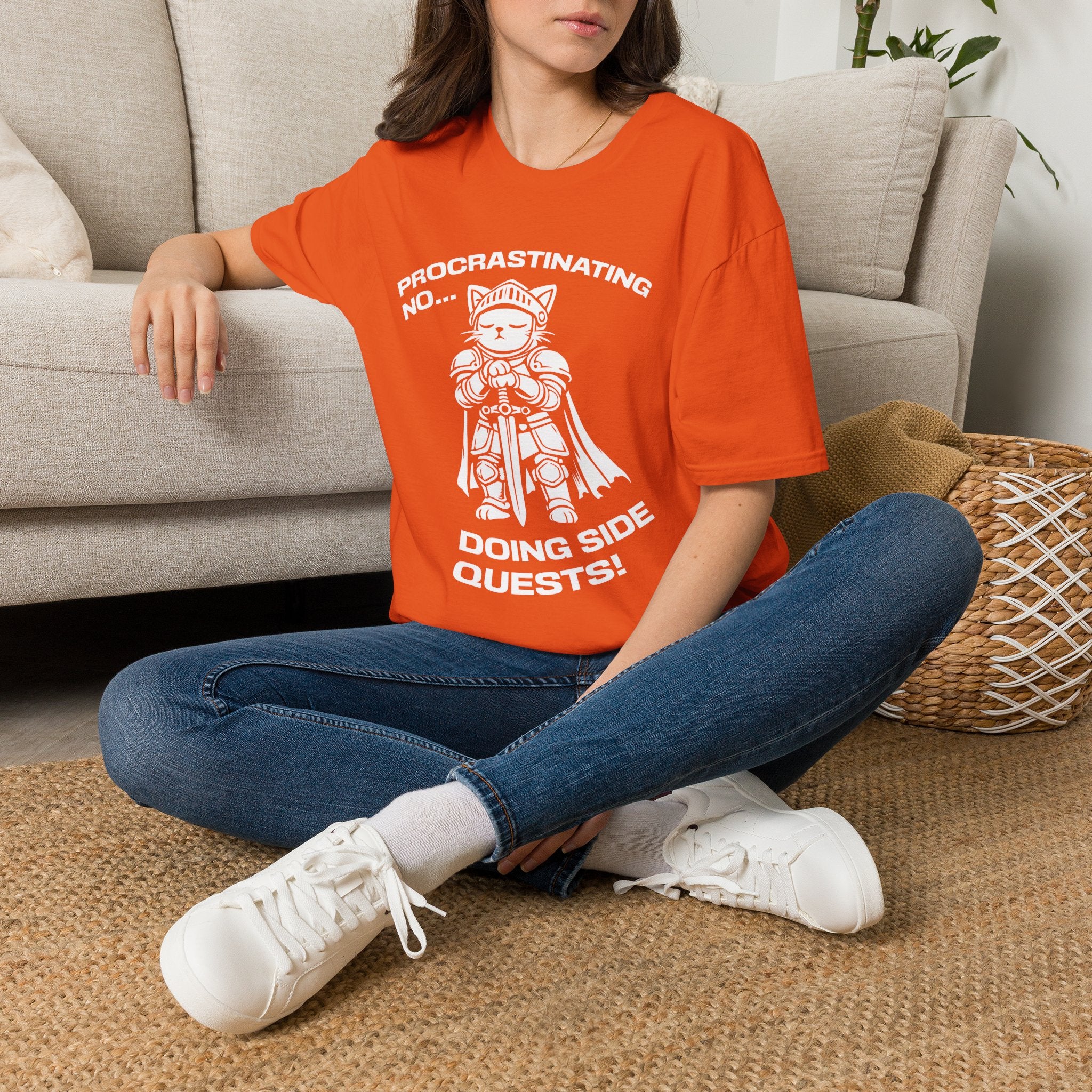 T-Shirt — 'PROCRASTINATING NO...DOING SIDE QUESTS!' Tired Cat Graphic Tee (Tired jokes)