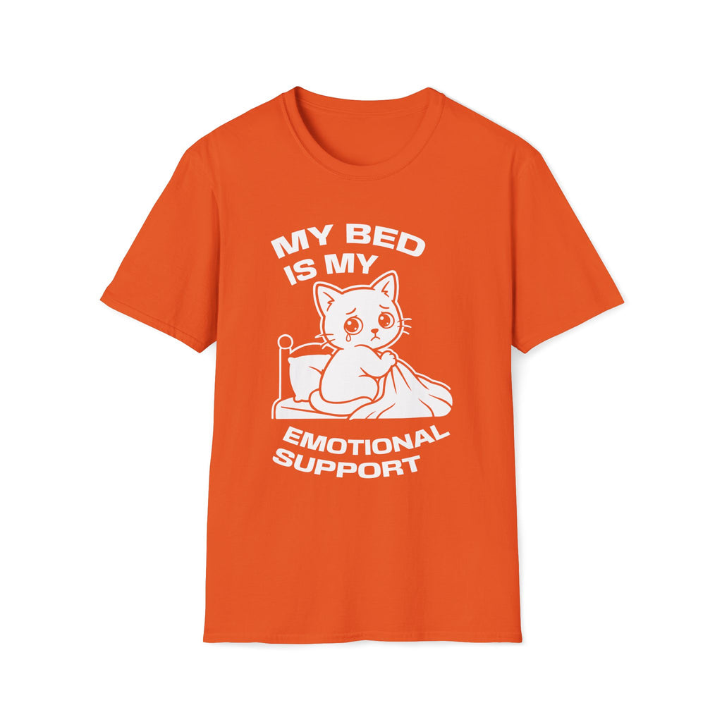 T-Shirt — 'MY BED IS MY EMOTIONAL SUPPORT' Tired Cat Graphic Tee (Tired jokes)