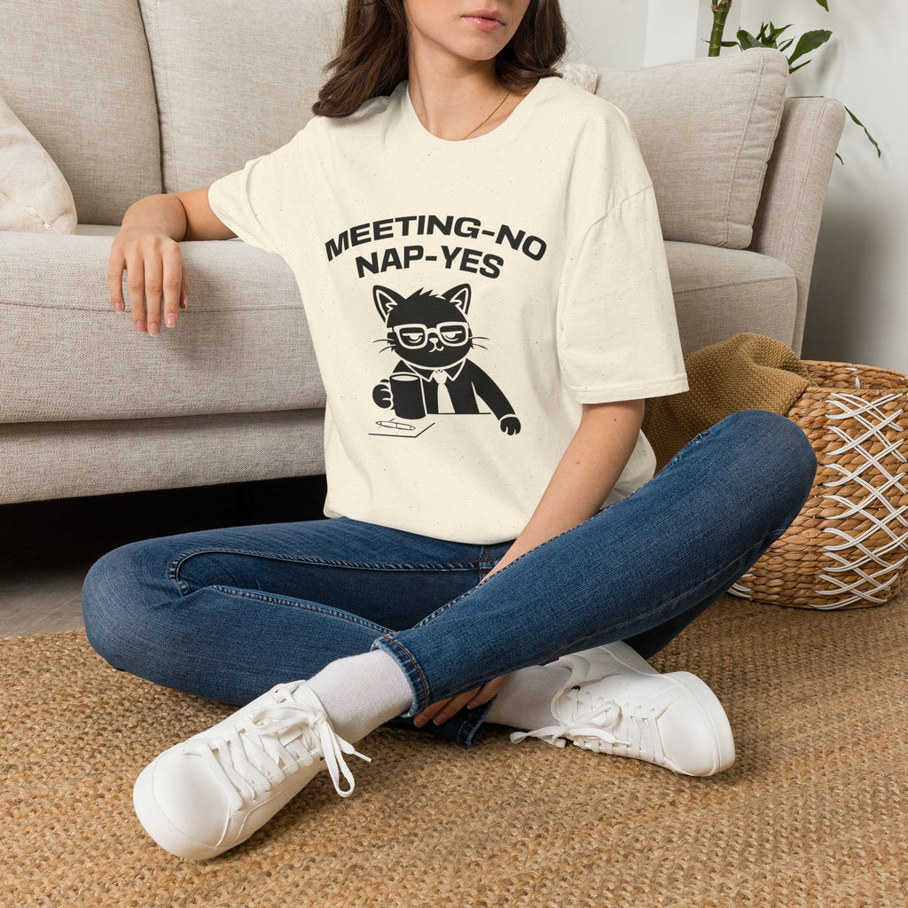 T-Shirt — 'MEETING-NO, NAP-YES' Tired Cat Graphic Tee (Tired jokes)