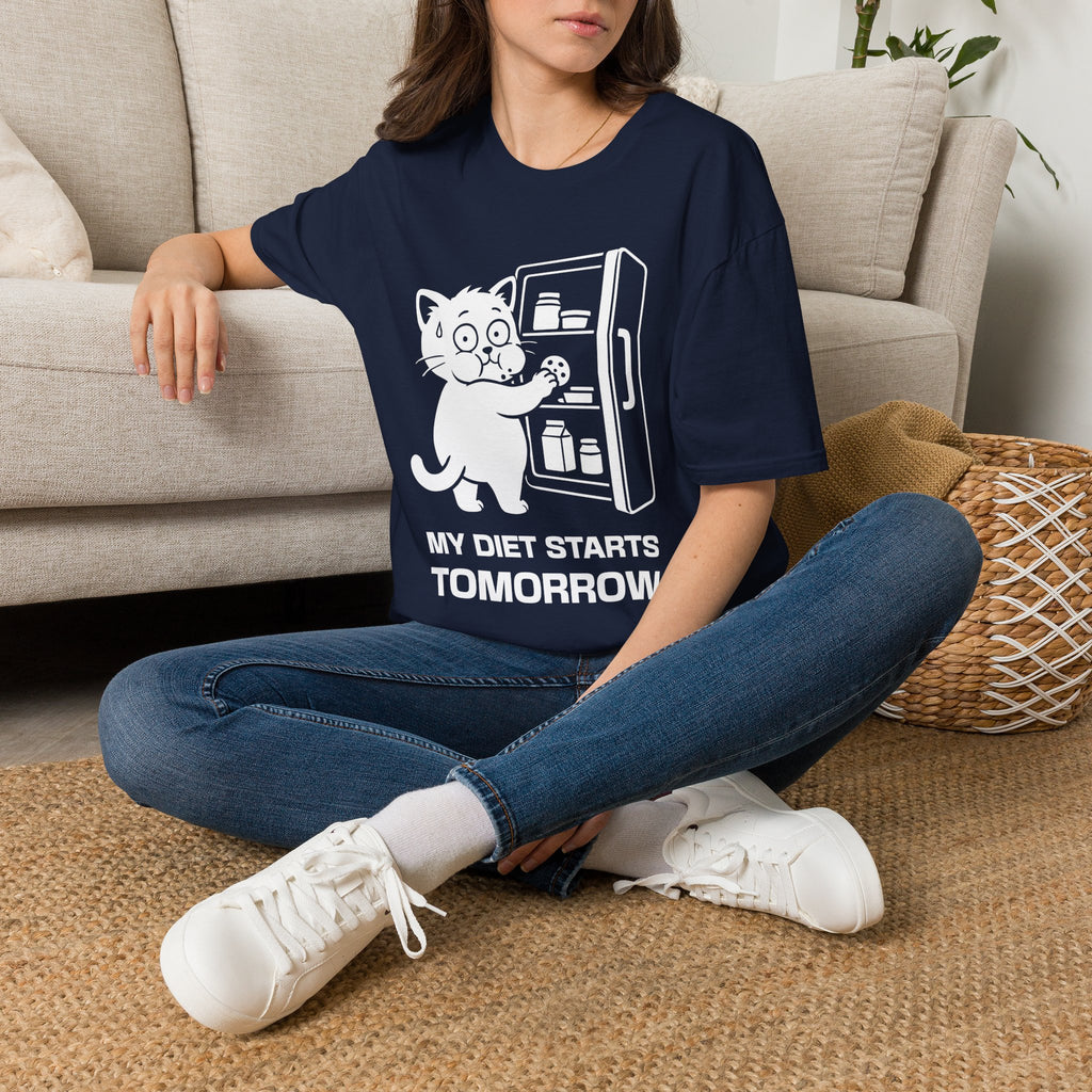 T-Shirt — 'My Diet Starts Tomorrow' Tired Cat Graphic Tee (Tired jokes)