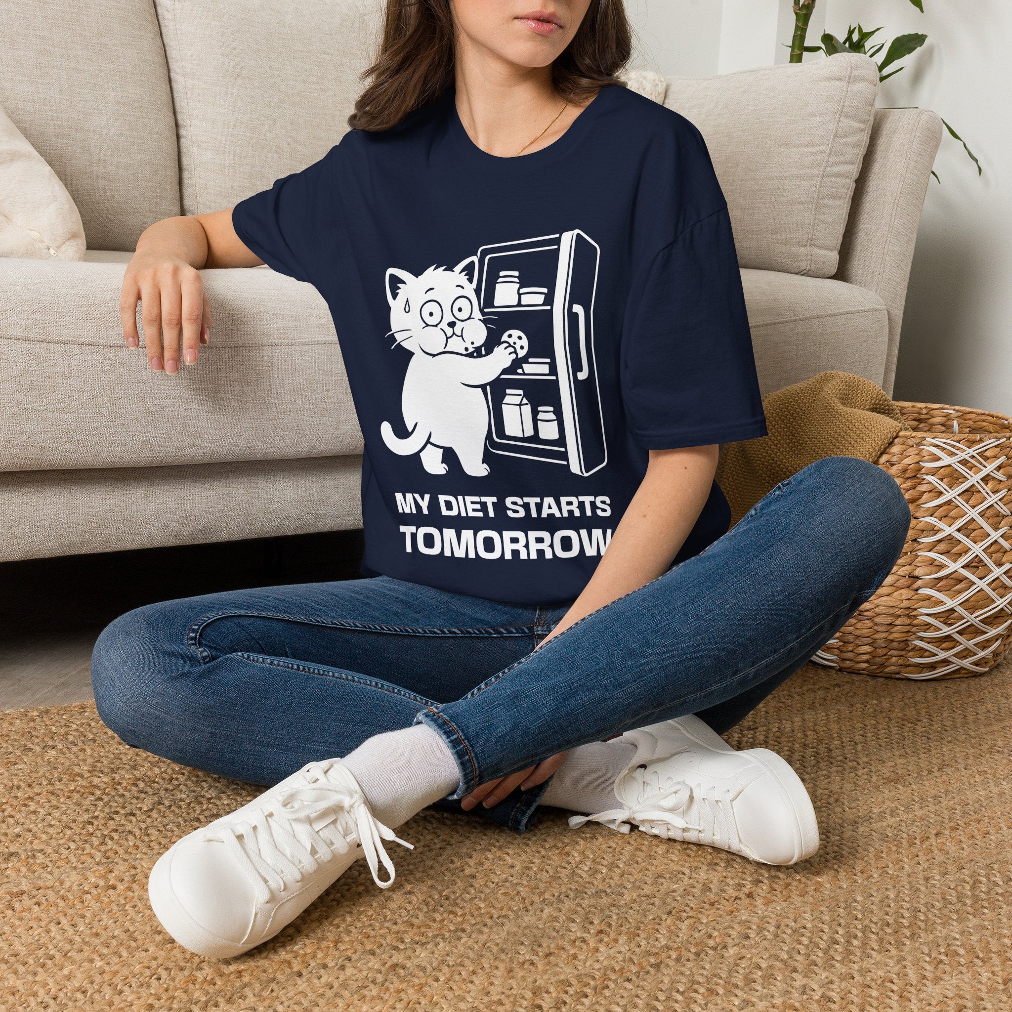 T-Shirt — 'My Diet Starts Tomorrow' Tired Cat Graphic Tee (Tired jokes)