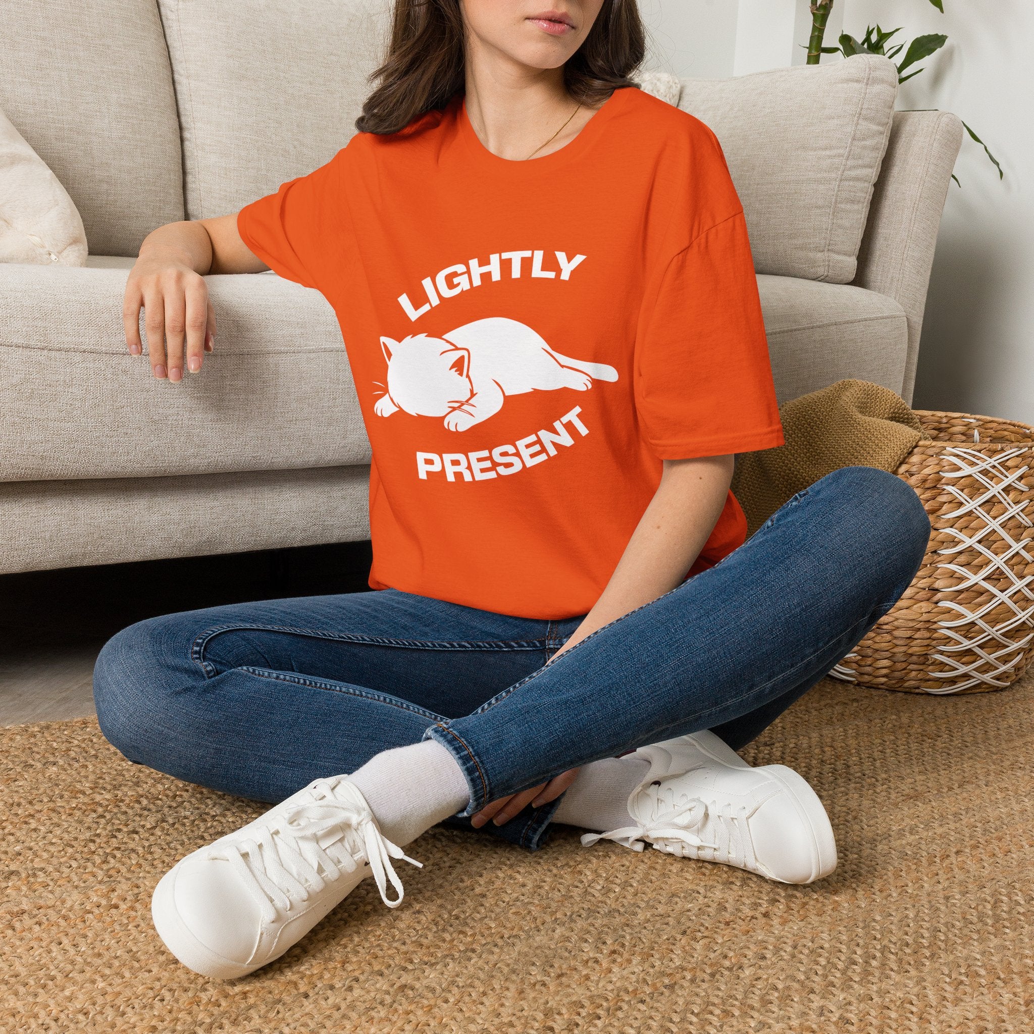 T-Shirt — 'Lightly Present' Tired Cat Graphic Tee (Tired jokes)