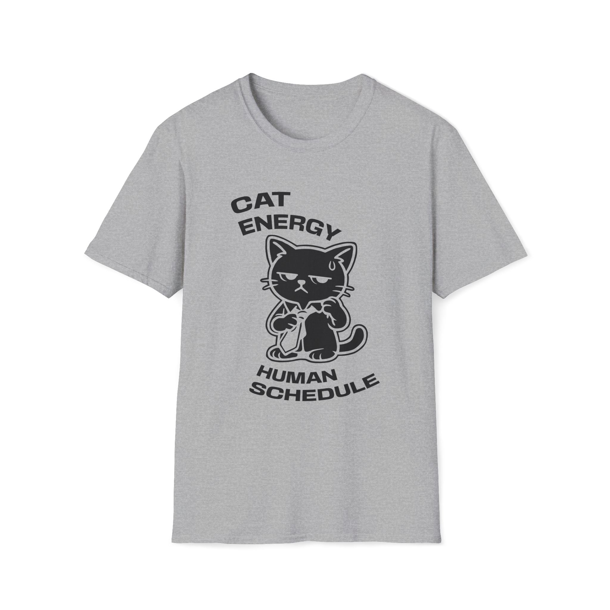 T-Shirt — 'CAT ENERGY HUMAN SCHEDULE' Tired Cat Graphic Tee (Tired jokes)