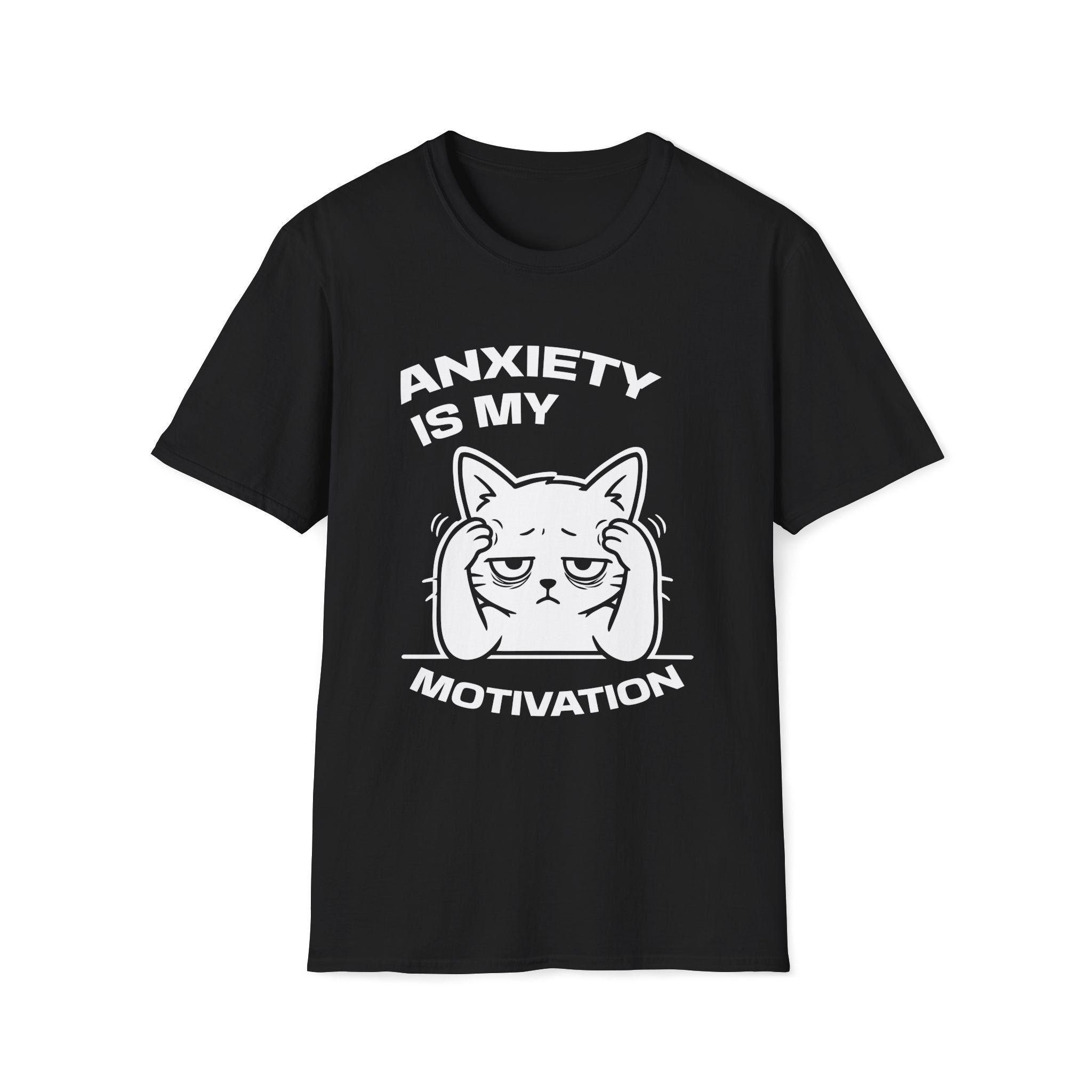 T-Shirt — 'ANXIETY IS MY MOTIVATION' Tired Cat Graphic Tee (Tired jokes)