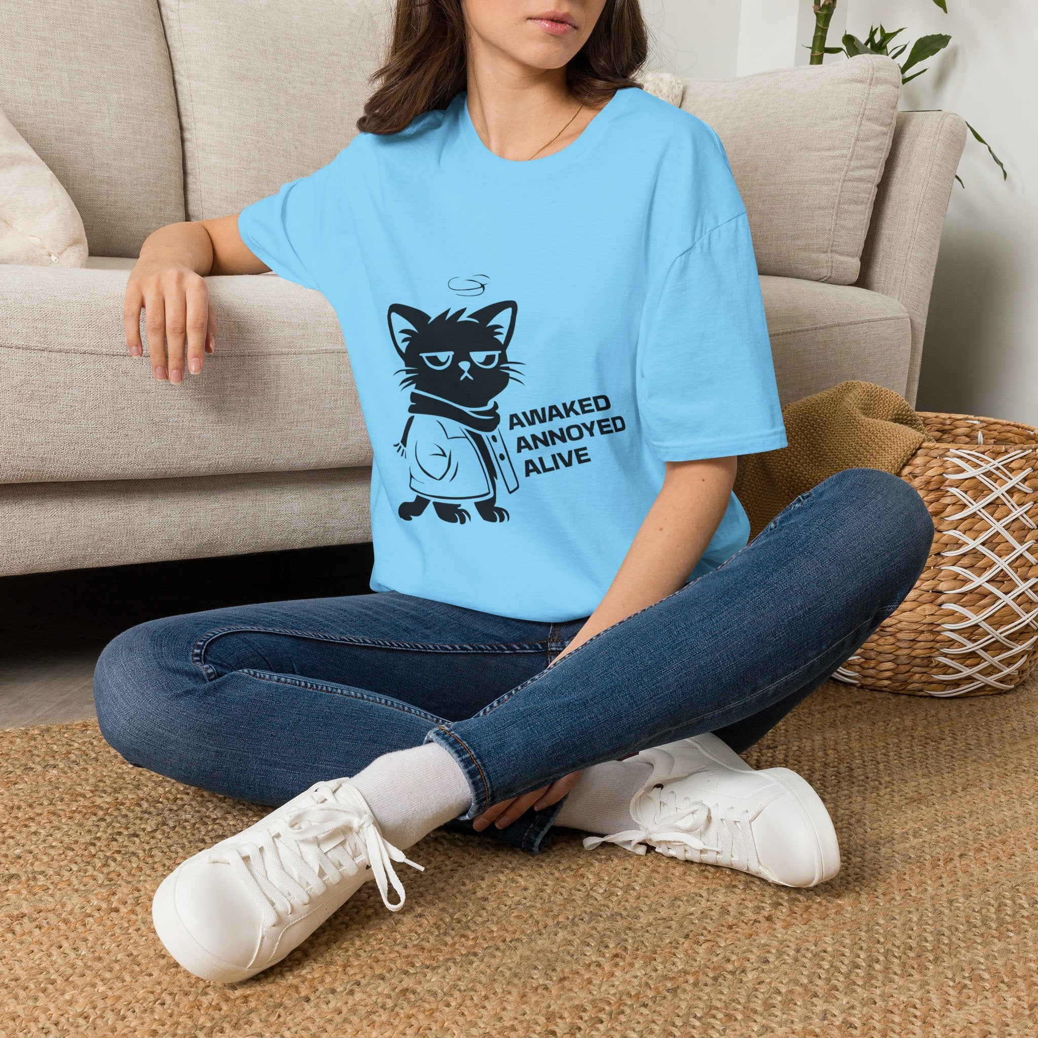 T-Shirt — 'AWAKED ANNOYED ALIVE' Tired Cat Graphic Tee (Tired jokes)