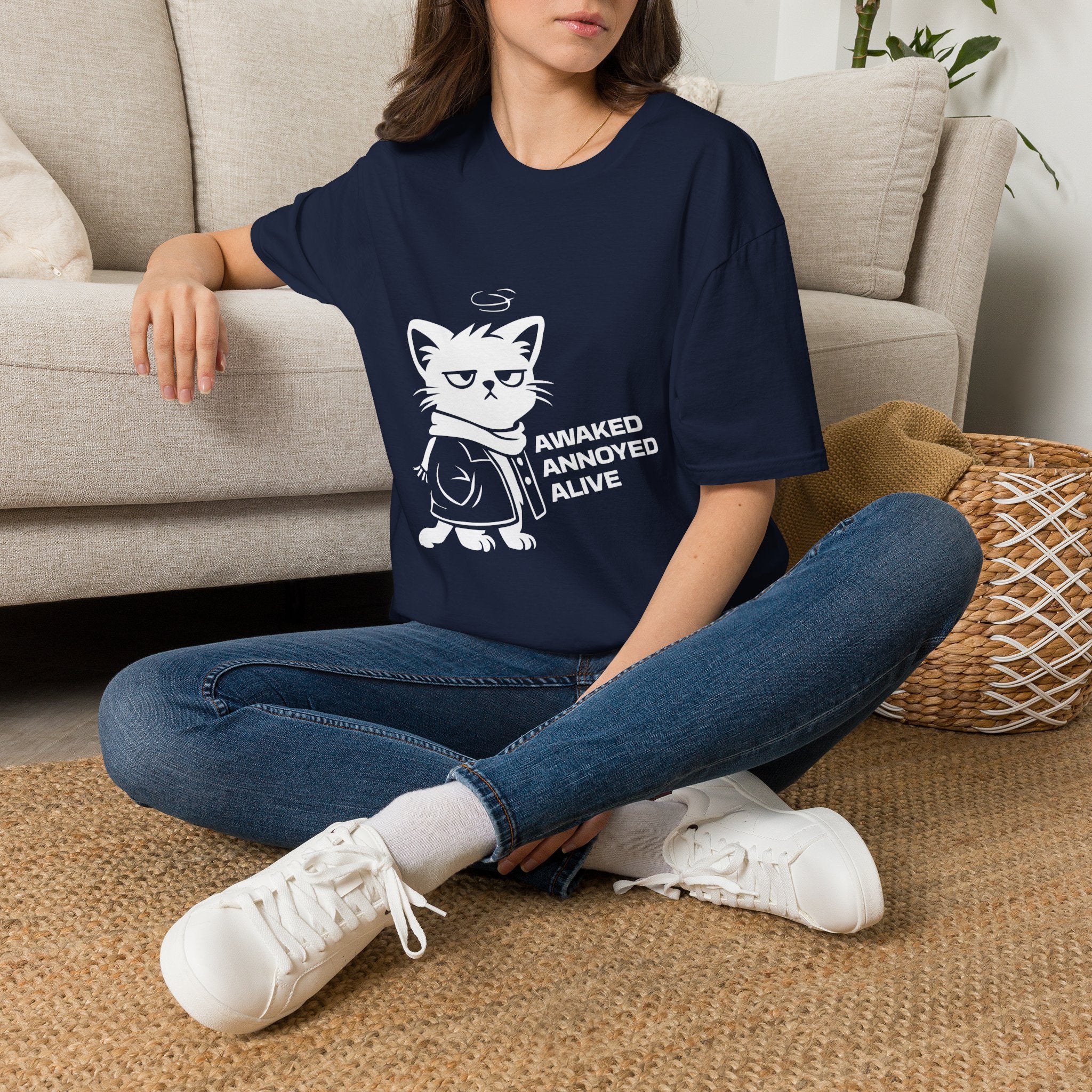 T-Shirt — 'AWAKED ANNOYED ALIVE' Tired Cat Graphic Tee (Tired jokes)