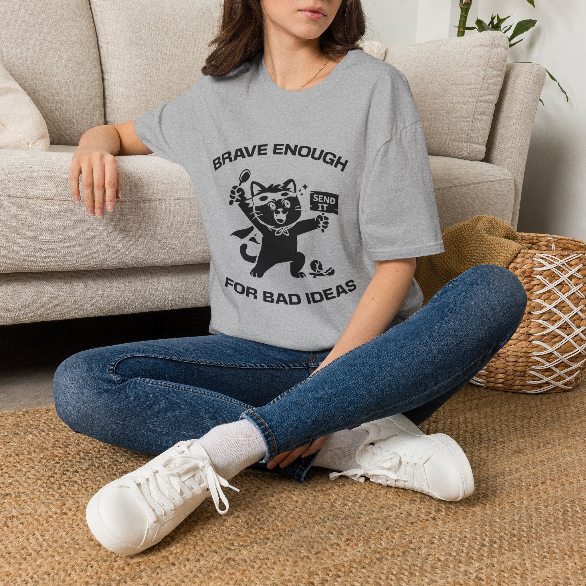 T-Shirt — 'Brave Enough For Bad Ideas' Tired Cat Graphic Tee (Tired jokes)
