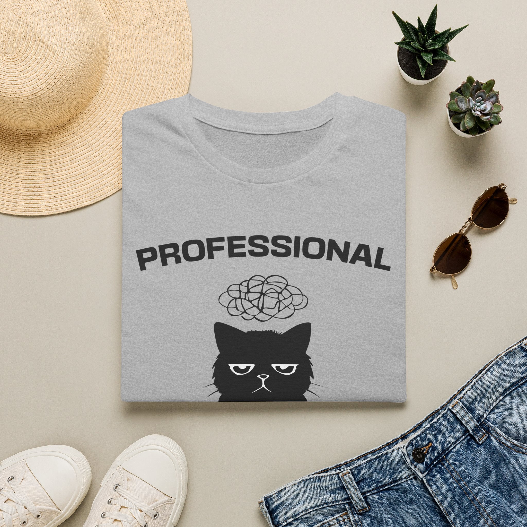 T-Shirt — 'Professional Overthinker' Tired Cat Graphic Tee (Tired jokes)