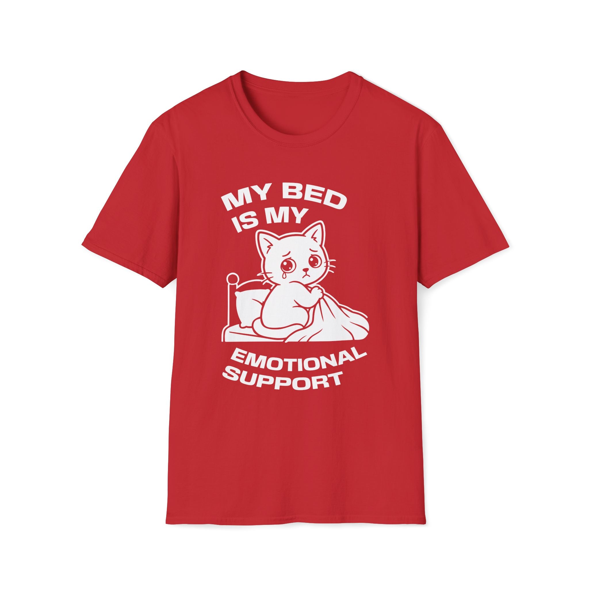 T-Shirt — 'MY BED IS MY EMOTIONAL SUPPORT' Tired Cat Graphic Tee (Tired jokes)