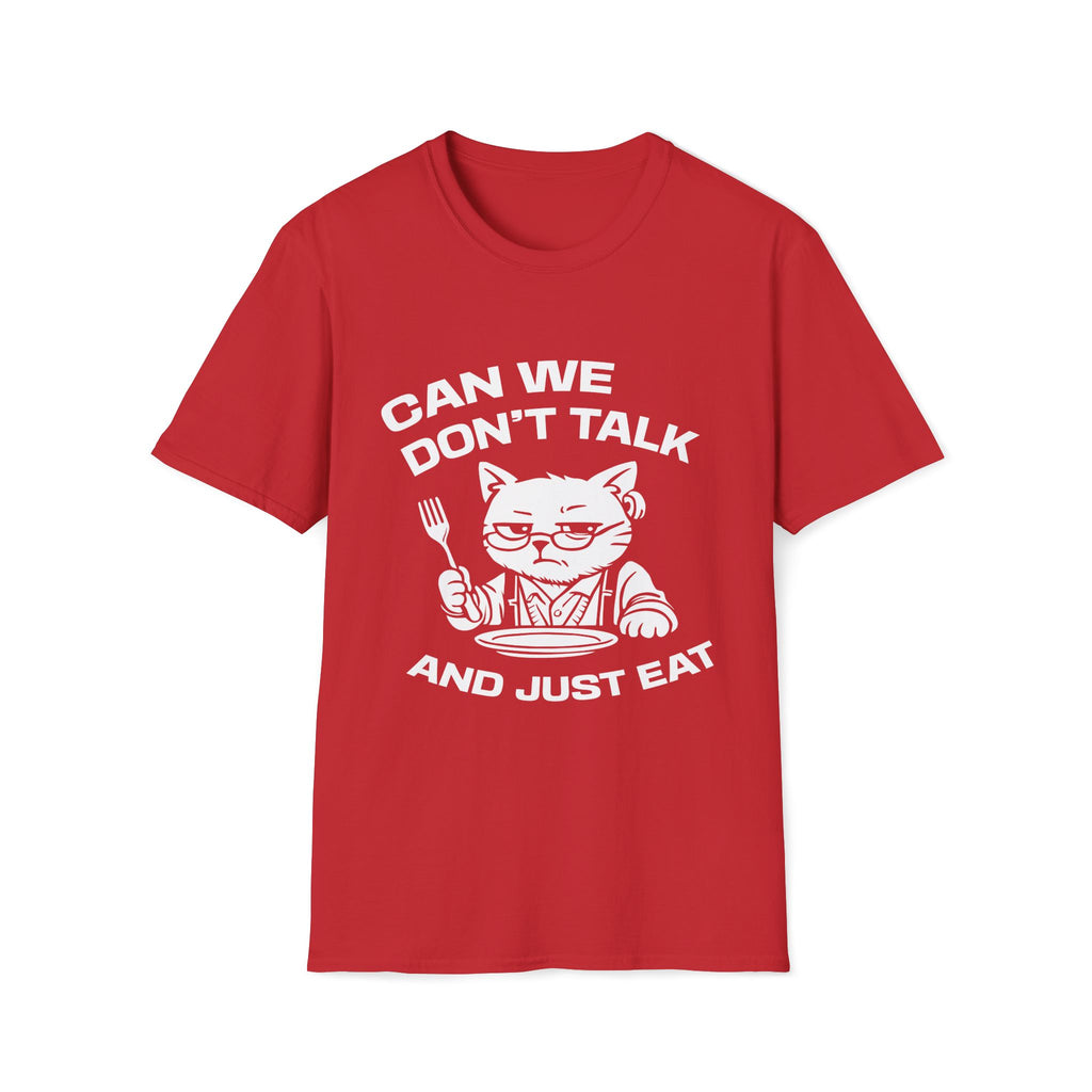 T-Shirt — 'CAN WE DON'T TALK AND JUST EAT' Tired Cat Graphic Tee (Tired jokes)