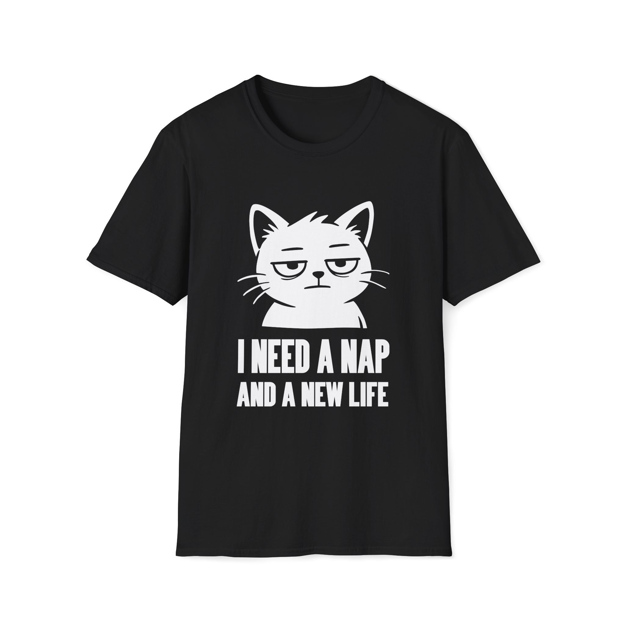 T-Shirt — 'I NEED A NAP AND A NEW LIFE' Tired Cat Graphic Tee (Tired jokes)