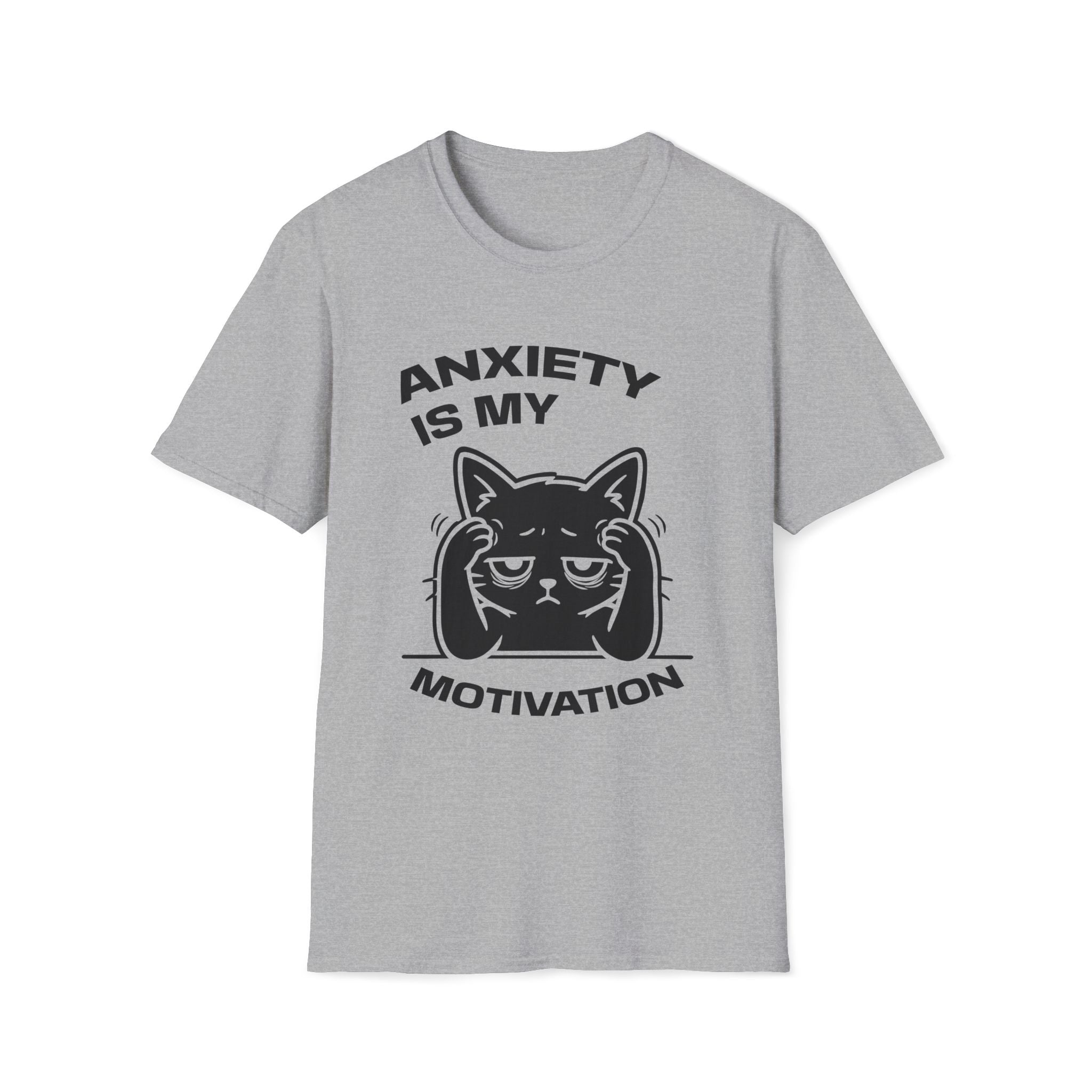 T-Shirt — 'ANXIETY IS MY MOTIVATION' Tired Cat Graphic Tee (Tired jokes)
