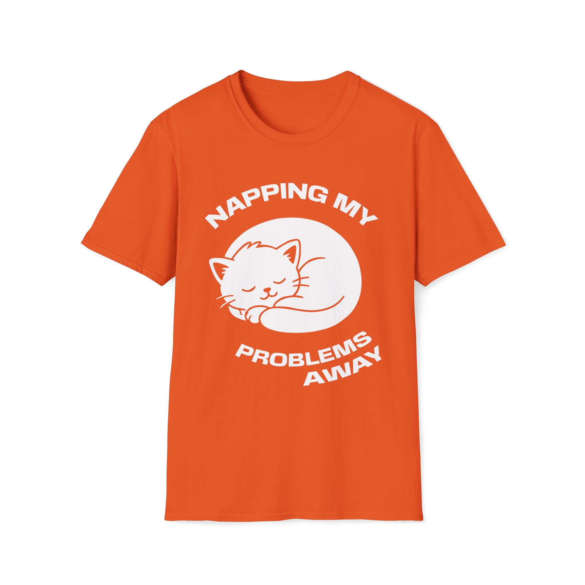 T-Shirt — 'NAPPING MY PROBLEMS AWAY' Tired Cat Graphic Tee (Tired jokes)