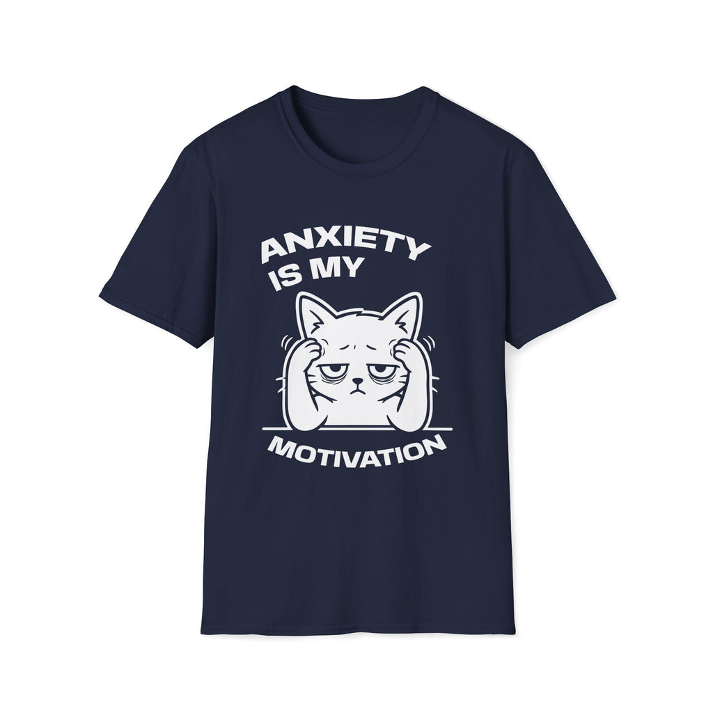 T-Shirt — 'ANXIETY IS MY MOTIVATION' Tired Cat Graphic Tee (Tired jokes)