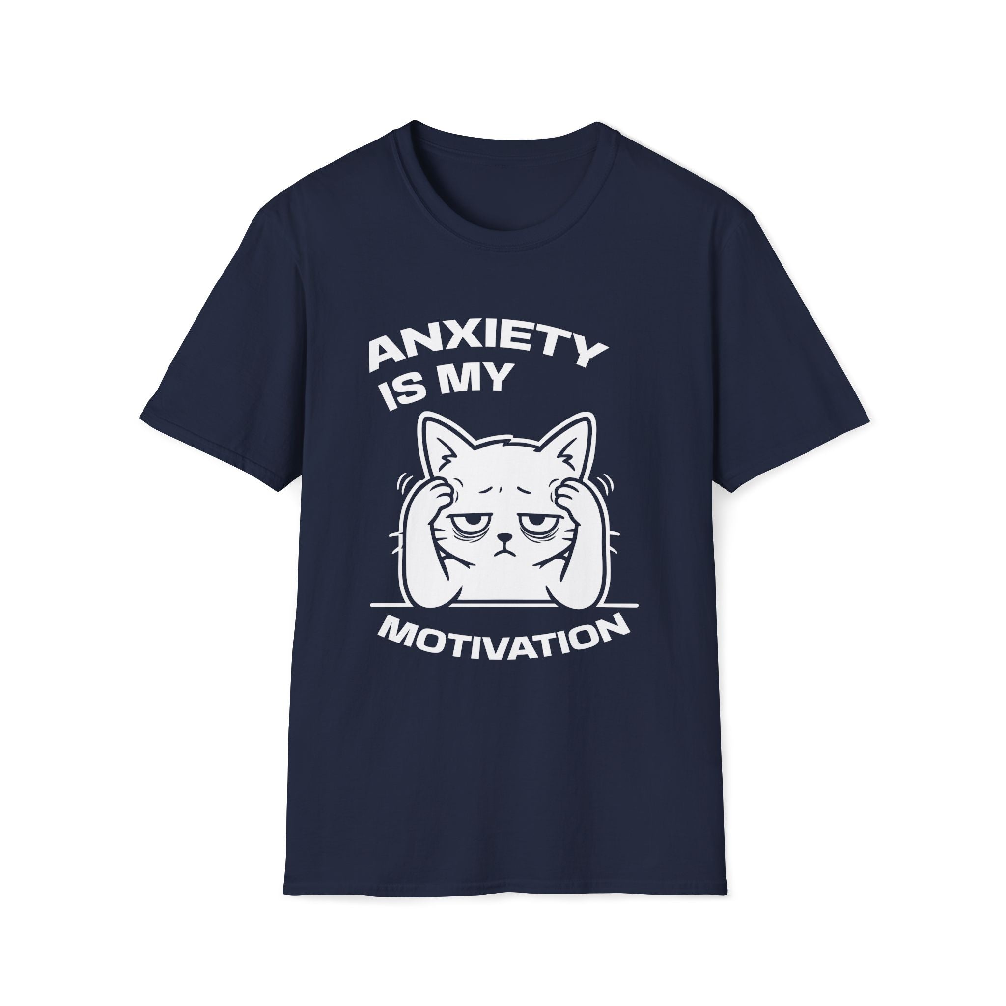 T-Shirt — 'ANXIETY IS MY MOTIVATION' Tired Cat Graphic Tee (Tired jokes)