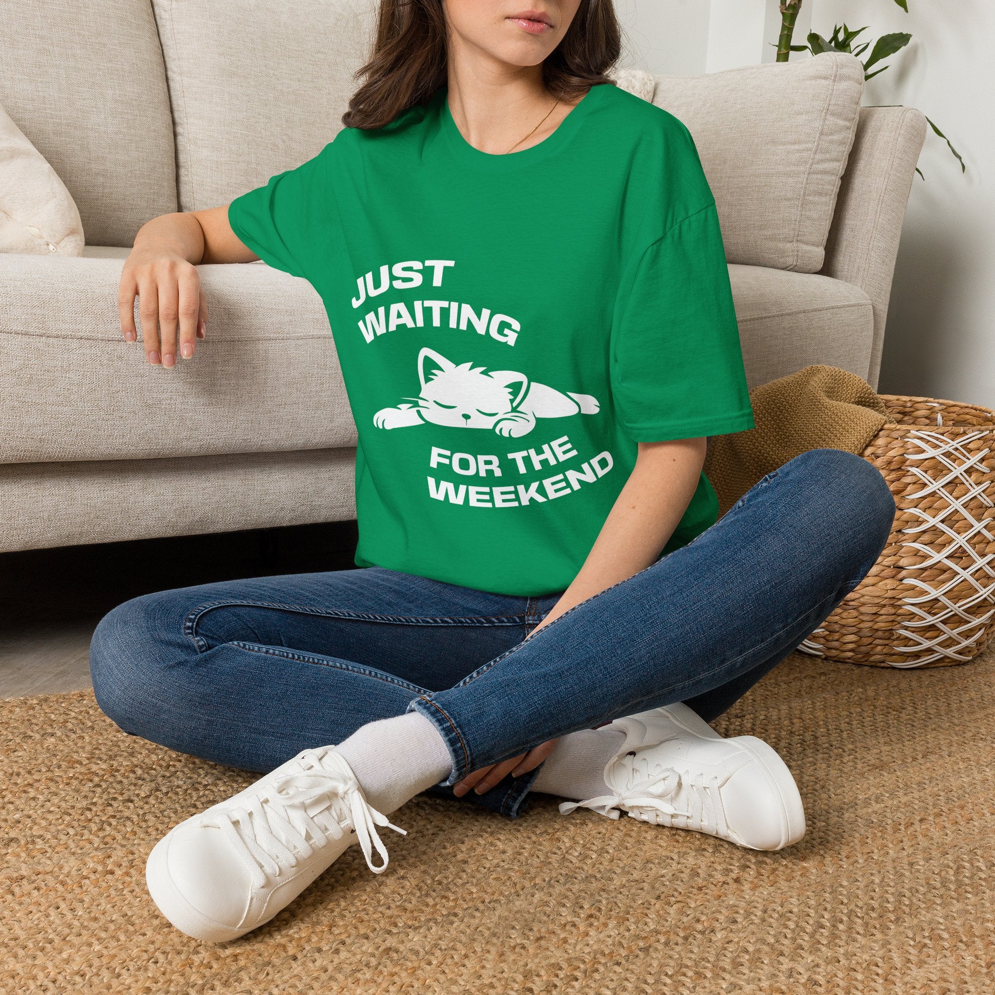 T-Shirt — 'JUST WAITING FOR THE WEEKEND' Tired Cat Graphic Tee (Tired jokes)