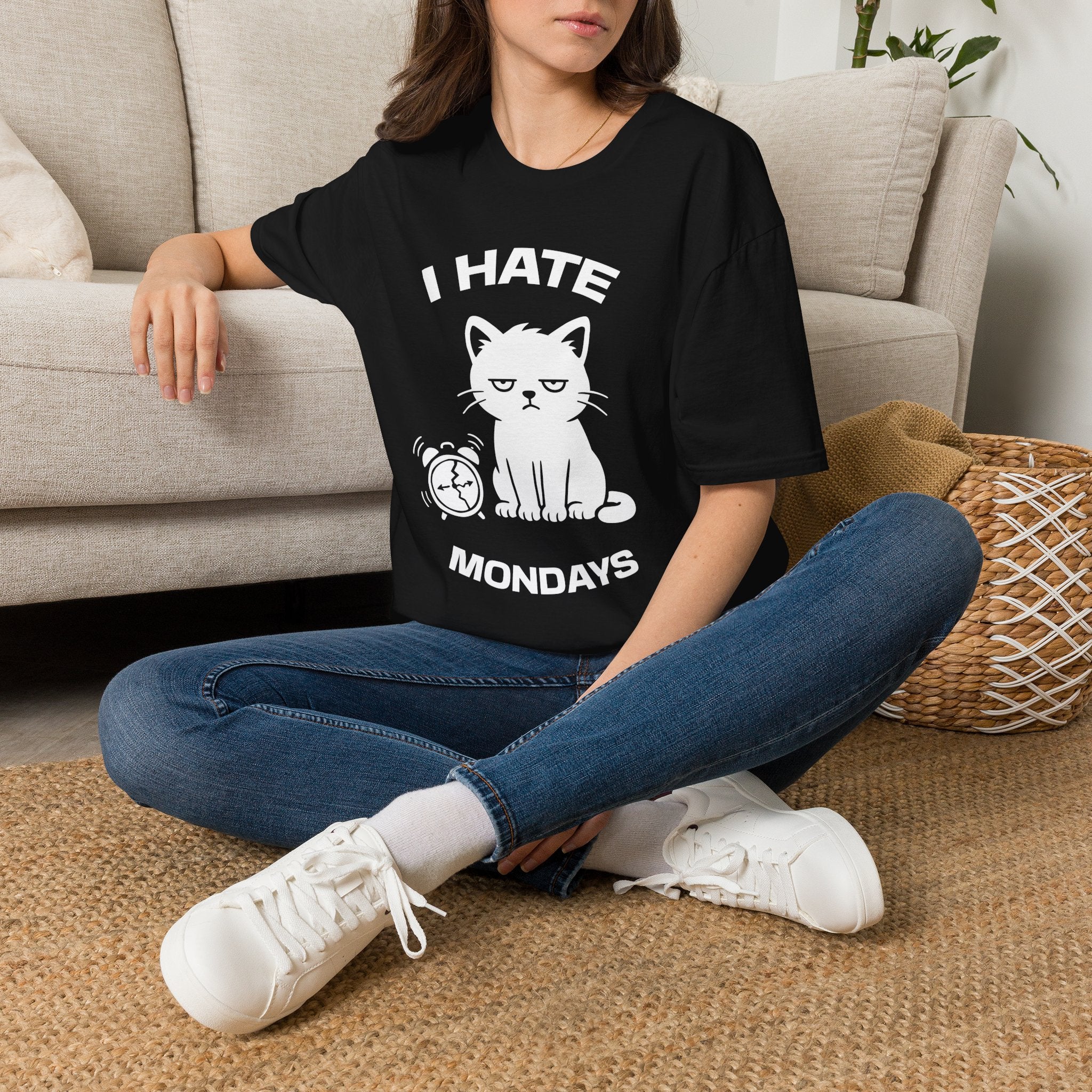 T-Shirt — 'I HATE MONDAYS ' Tired Cat Graphic Tee (Tired jokes)