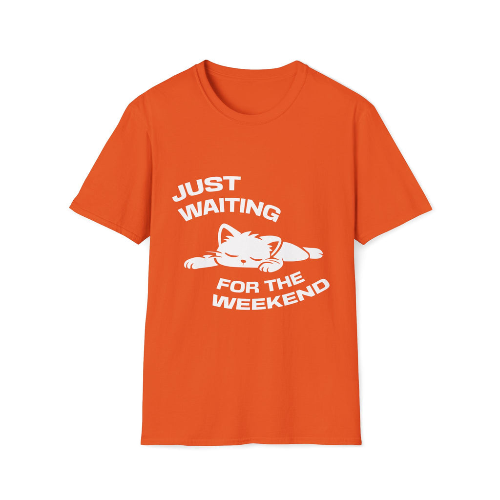 T-Shirt — 'JUST WAITING FOR THE WEEKEND' Tired Cat Graphic Tee (Tired jokes)