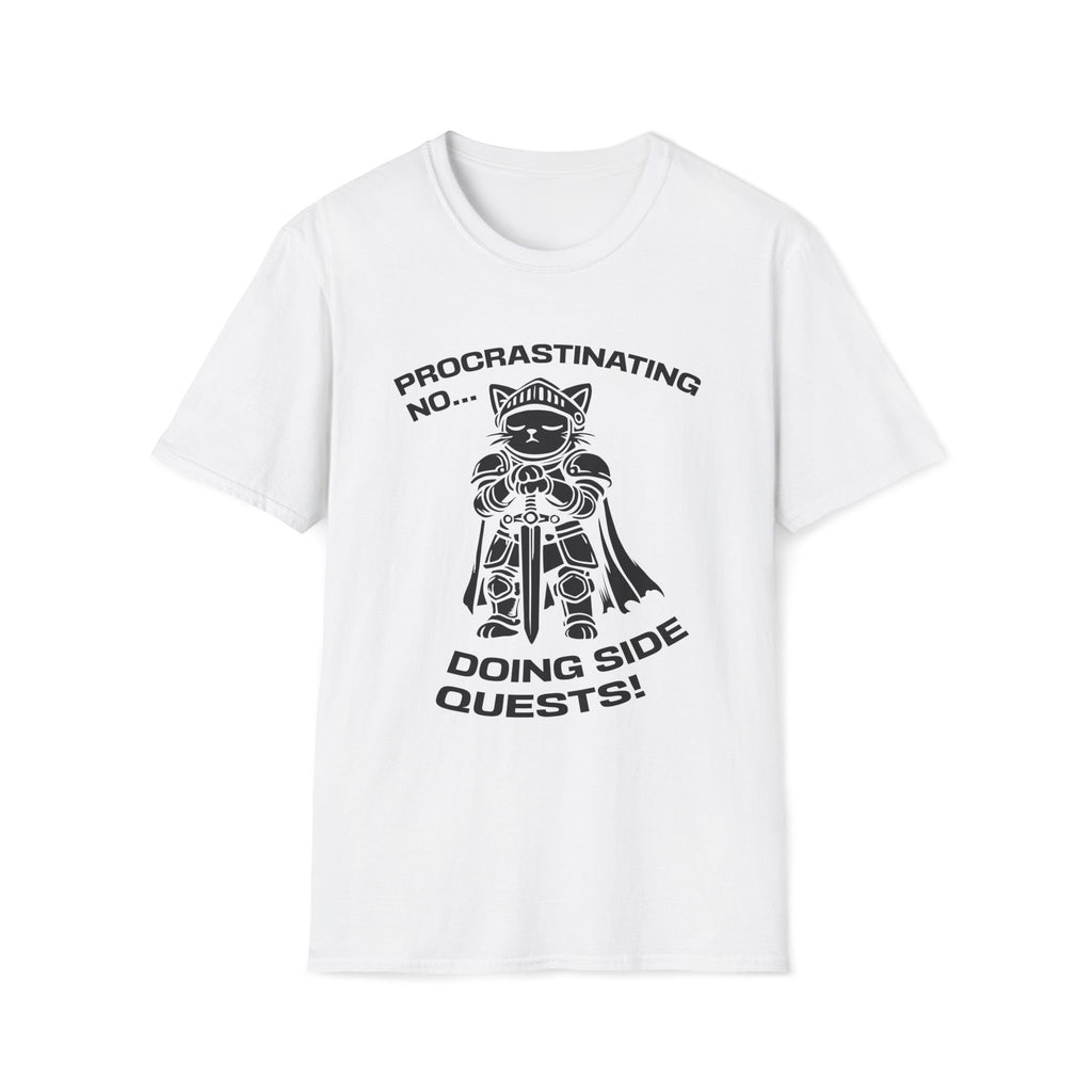 T-Shirt — 'PROCRASTINATING NO...DOING SIDE QUESTS!' Tired Cat Graphic Tee (Tired jokes)