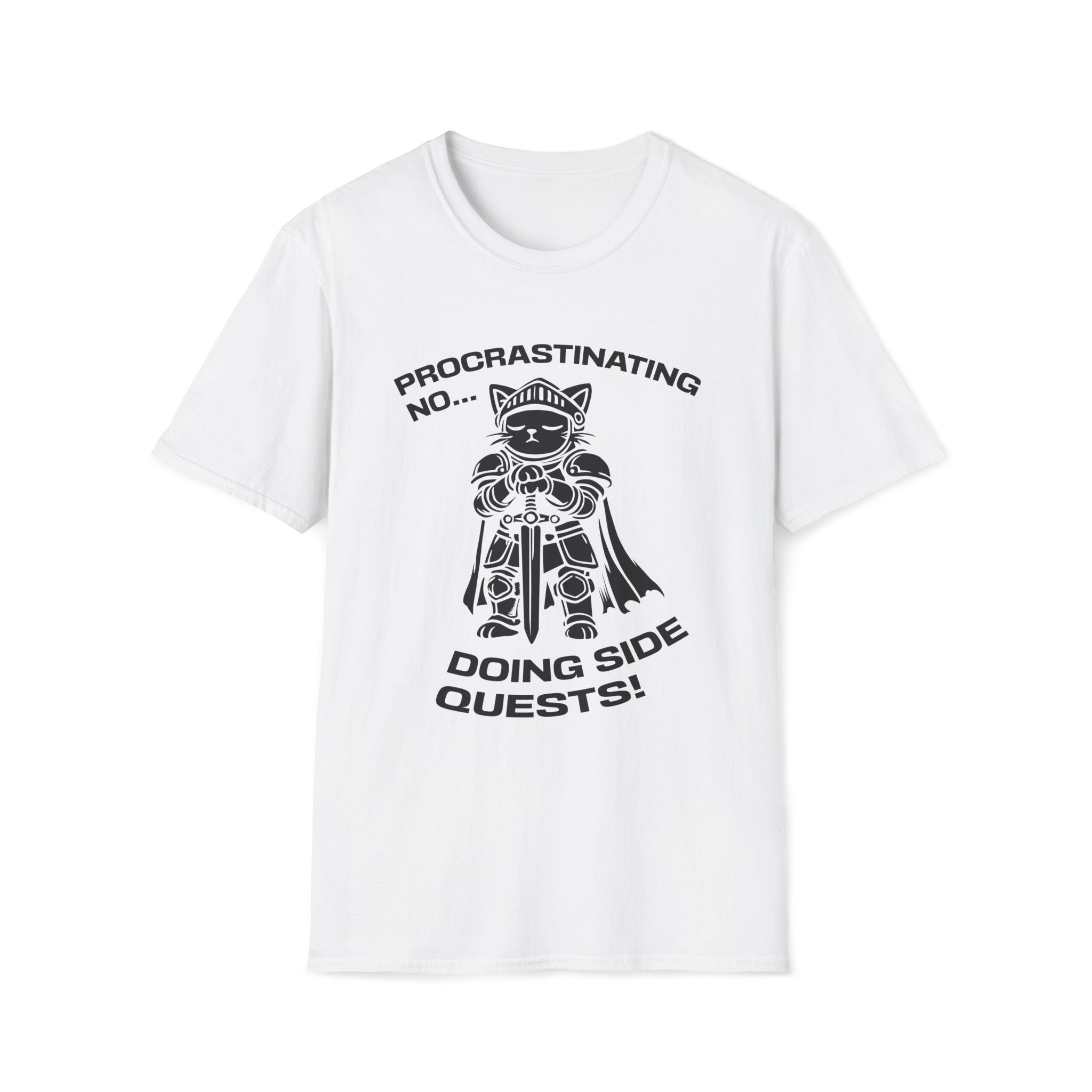 T-Shirt — 'PROCRASTINATING NO...DOING SIDE QUESTS!' Tired Cat Graphic Tee (Tired jokes)
