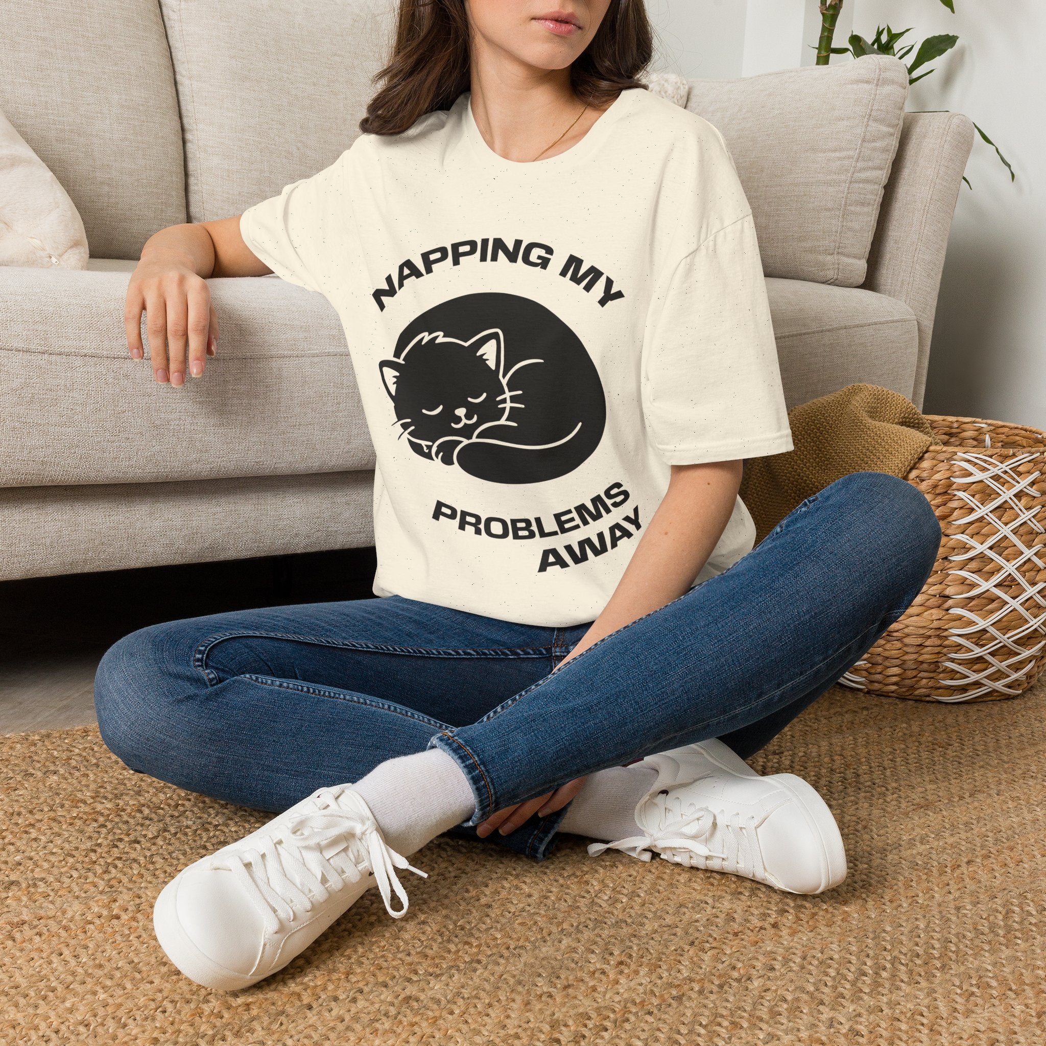 T-Shirt — 'NAPPING MY PROBLEMS AWAY' Tired Cat Graphic Tee (Tired jokes)