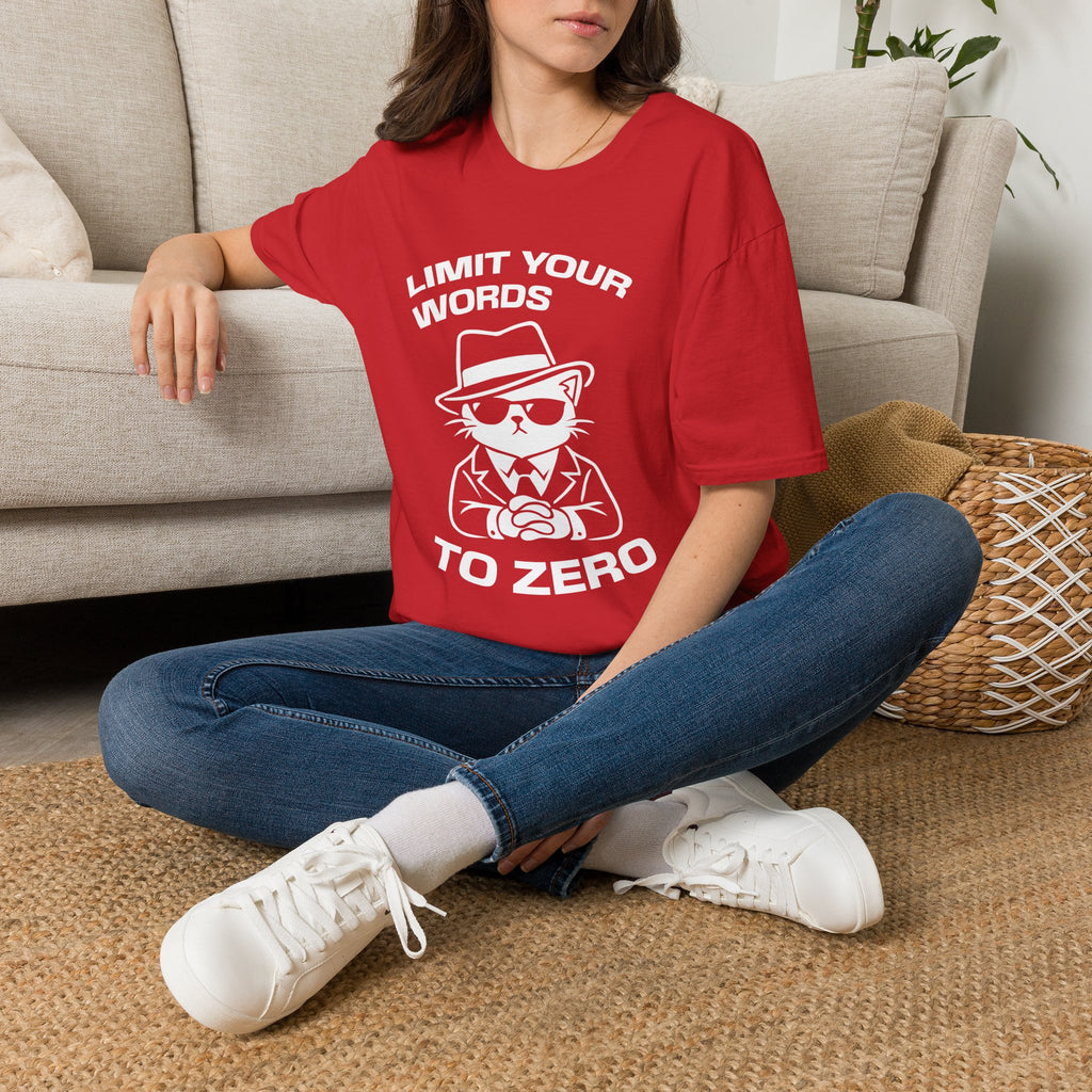 T-Shirt — 'LIMIT YOUR WORDS TO ZERO' Tired Cat Graphic Tee (Tired jokes)