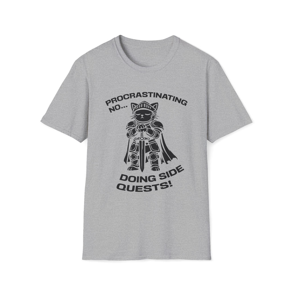 T-Shirt — 'PROCRASTINATING NO...DOING SIDE QUESTS!' Tired Cat Graphic Tee (Tired jokes)