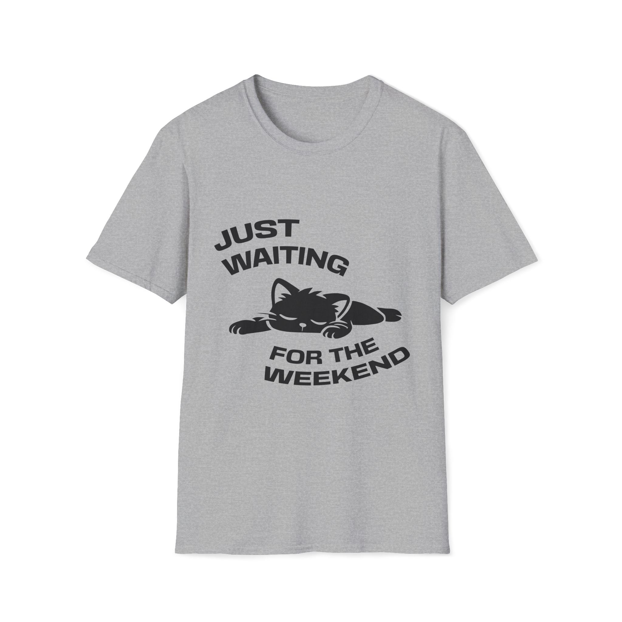 T-Shirt — 'JUST WAITING FOR THE WEEKEND' Tired Cat Graphic Tee (Tired jokes)