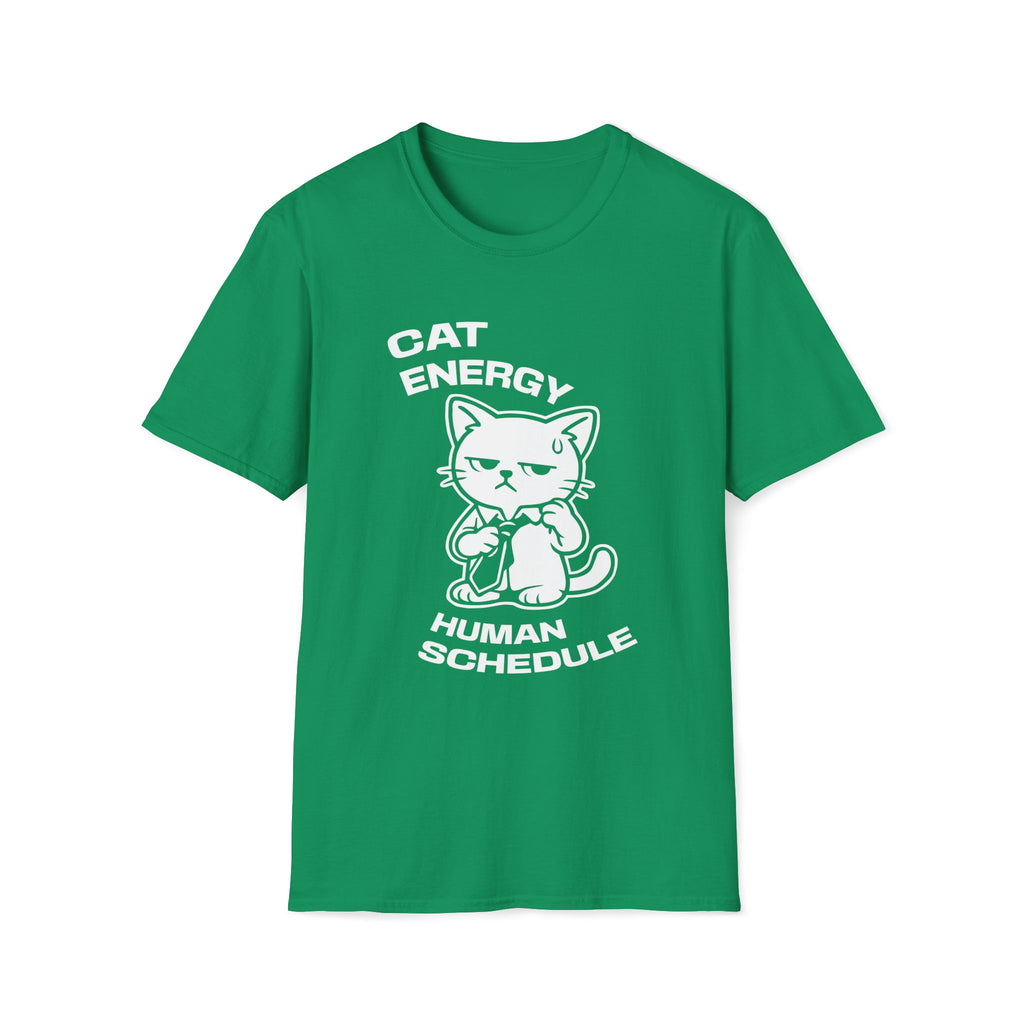 T-Shirt — 'CAT ENERGY HUMAN SCHEDULE' Tired Cat Graphic Tee (Tired jokes)