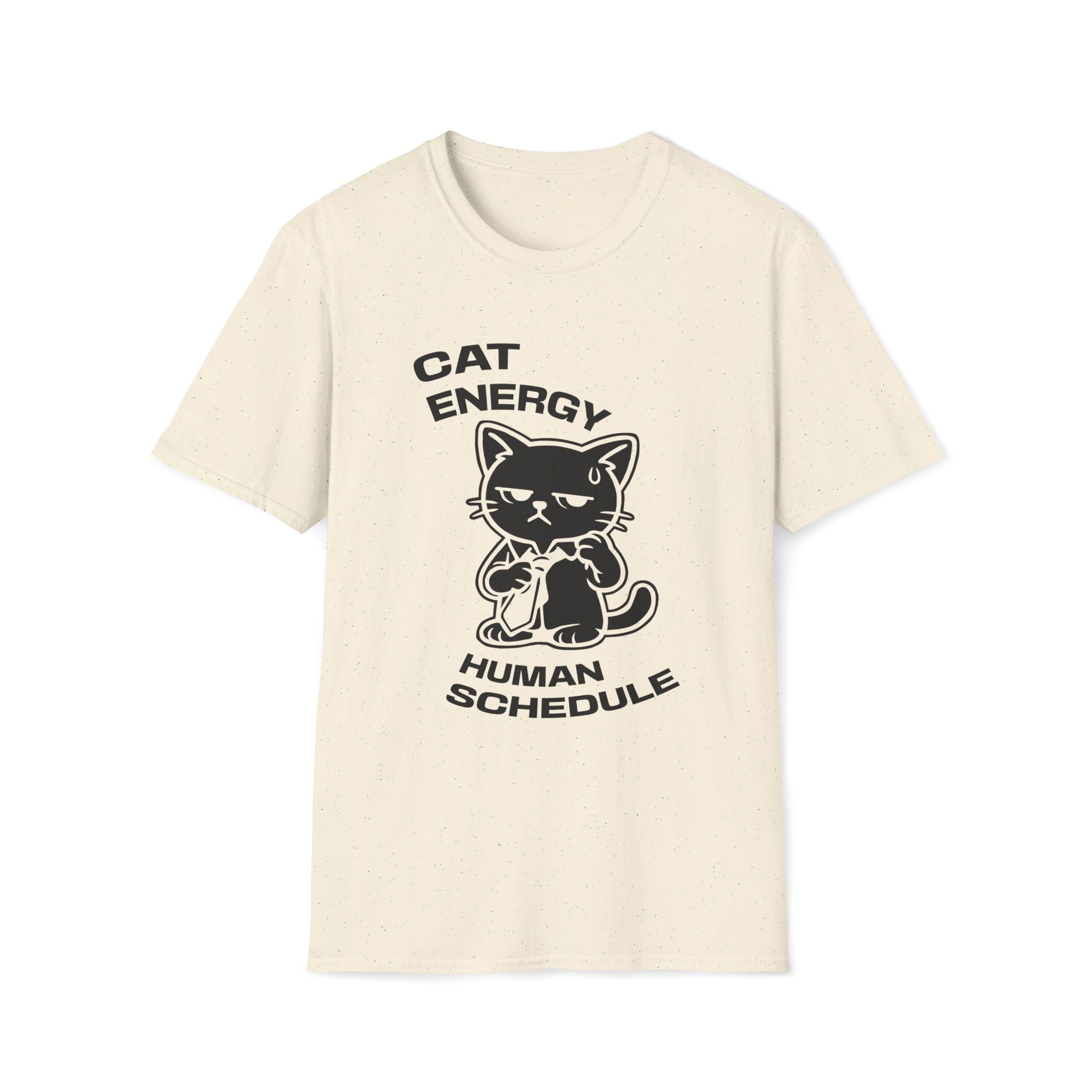 T-Shirt — 'CAT ENERGY HUMAN SCHEDULE' Tired Cat Graphic Tee (Tired jokes)