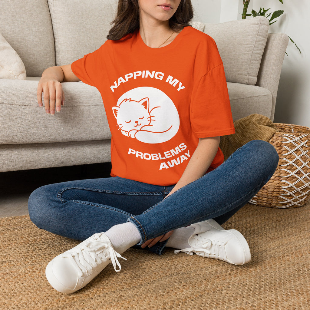 T-Shirt — 'NAPPING MY PROBLEMS AWAY' Tired Cat Graphic Tee (Tired jokes)