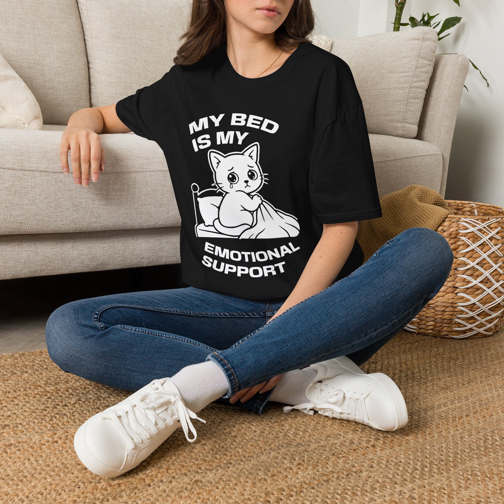 T-Shirt — 'MY BED IS MY EMOTIONAL SUPPORT' Tired Cat Graphic Tee (Tired jokes)