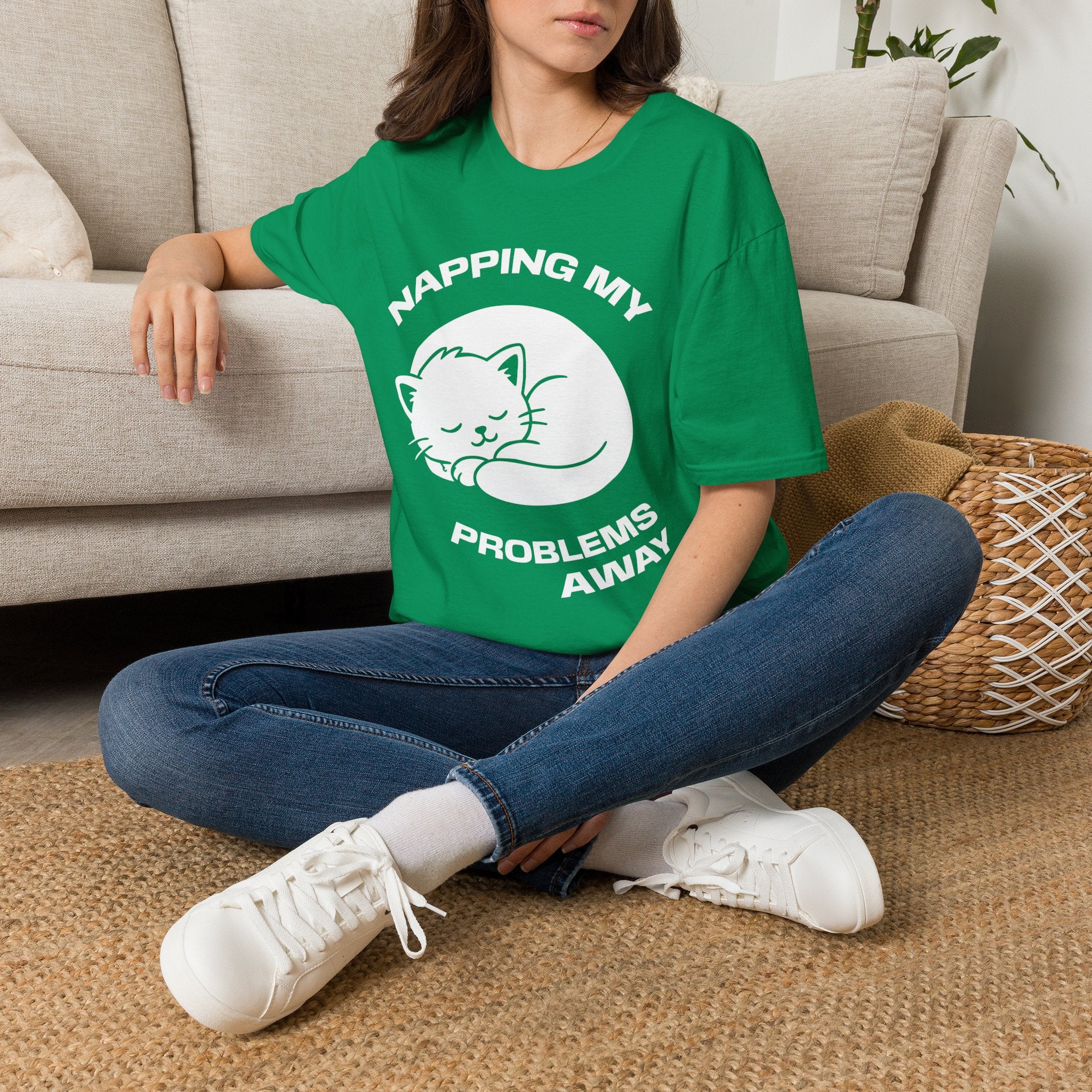 T-Shirt — 'NAPPING MY PROBLEMS AWAY' Tired Cat Graphic Tee (Tired jokes)