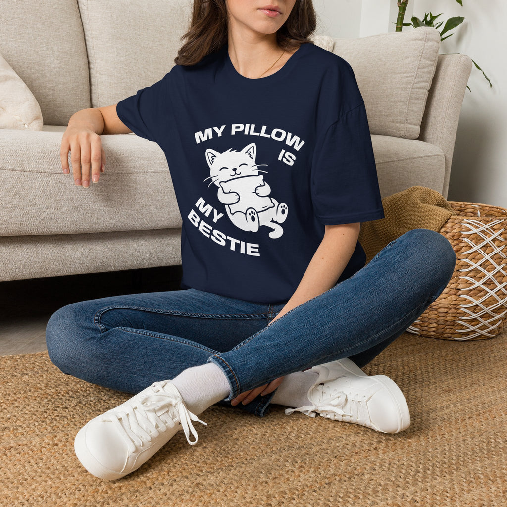 T-Shirt — 'My Pillow Is My Bestie' Tired Cat Graphic Tee (Tired jokes)