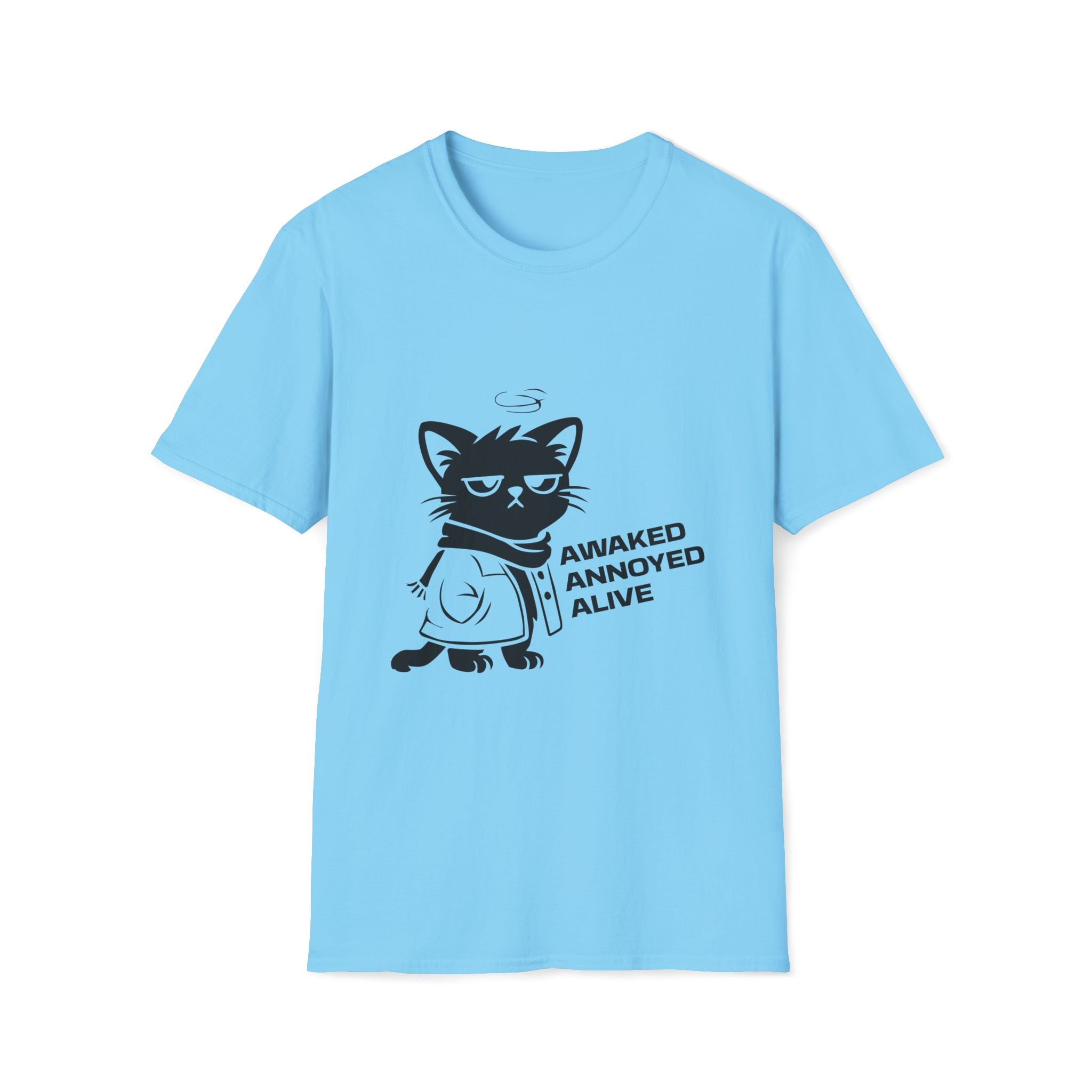 T-Shirt — 'AWAKED ANNOYED ALIVE' Tired Cat Graphic Tee (Tired jokes)