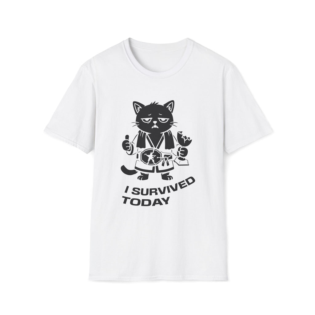 T-Shirt — 'I SURVIVED TODAY' Tired Cat Graphic Tee (Tired jokes)