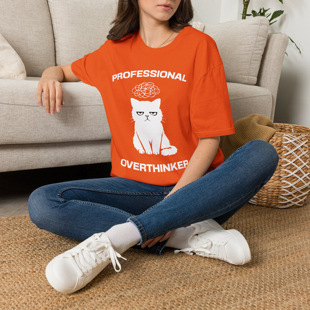 T-Shirt — 'Professional Overthinker' Tired Cat Graphic Tee (Tired jokes)
